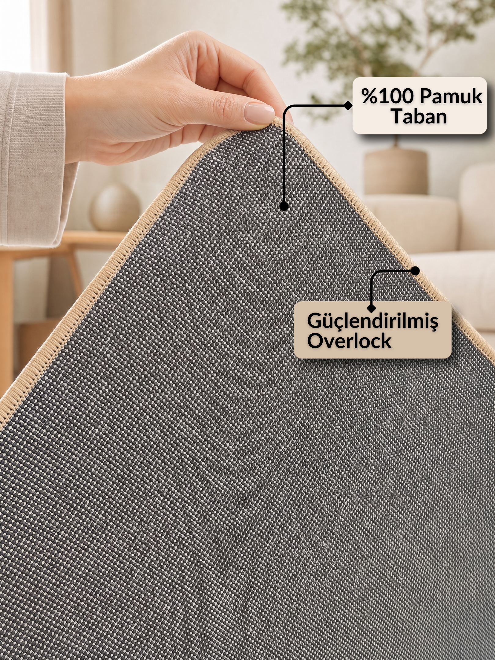 LUNA BEJ - %100 Pamuk Dokuma Taban Makinede Yıkanabilir Kaymaz Halı