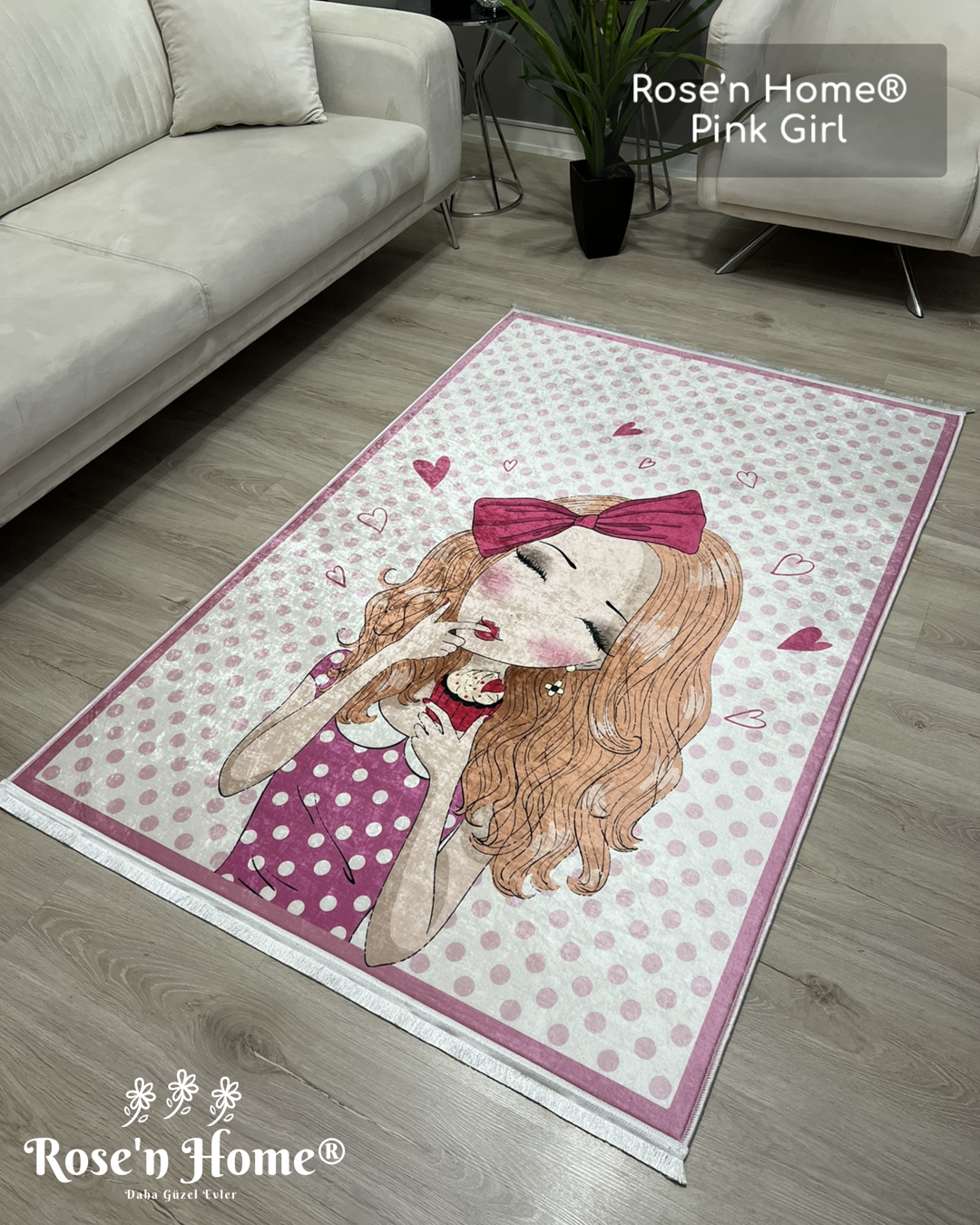 PİNK GİRL - %100 Pamuk Dokuma Taban Makinede Yıkanabilir Kaymaz Halı