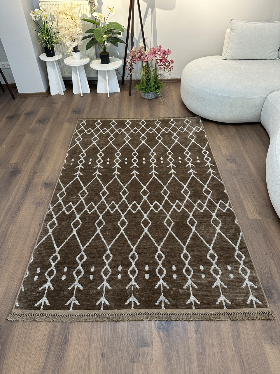 ŞÖNİL MODERN - KAHVE Makinede Yıkanabilir İskandinav Desenli Salon Koridor Mutfak Şönil Dokuma Halı
