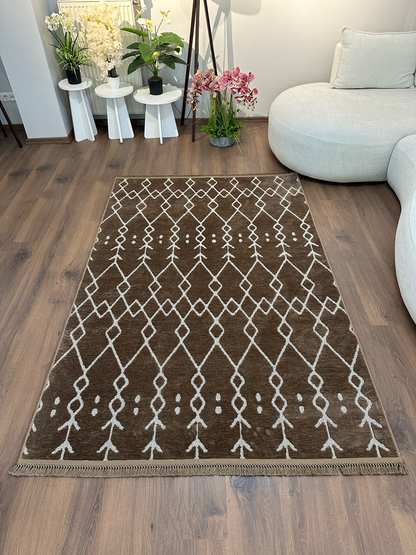 ŞÖNİL MODERN - KAHVE Makinede Yıkanabilir İskandinav Desenli Salon Koridor Mutfak Şönil Dokuma Halı