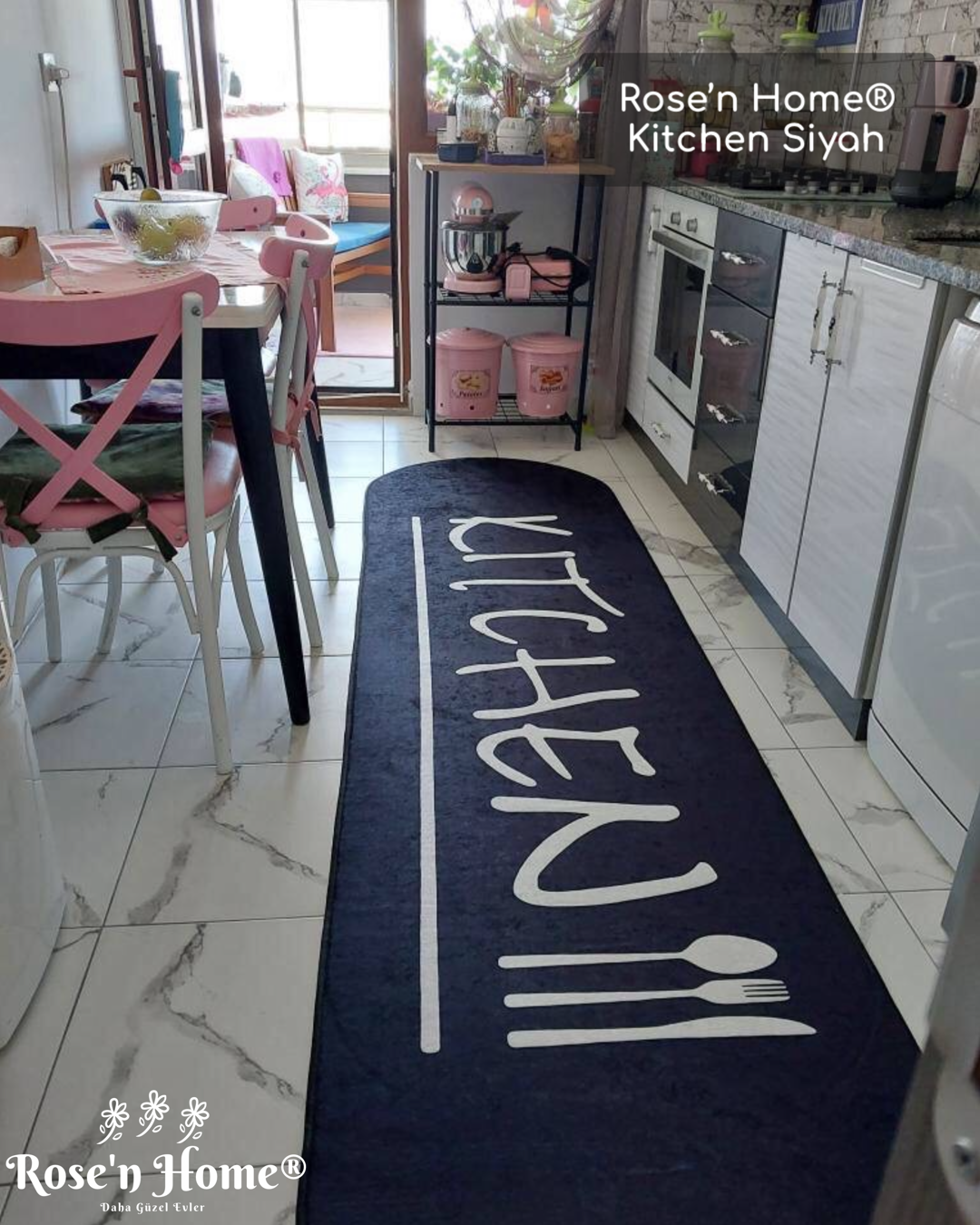 KİTCHEN SİYAH - %100 Pamuk Dokuma Taban Makinede Yıkanabilir Kaymaz Halı