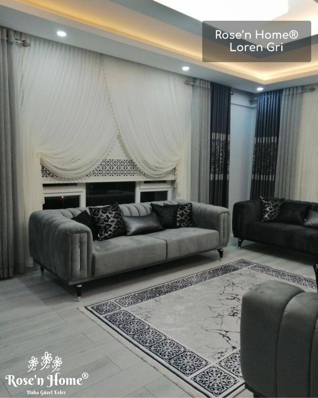 LOREN GRİ - %100 Pamuk Dokuma Taban Makinede Yıkanabilir Kaymaz Halı