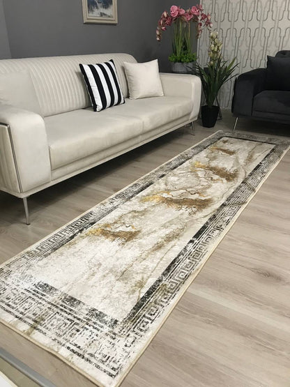CHAİN MARBLE GOLD - Kaymaz Deri Taban Makinede Yıkanabilir Salon Oturma Odası Mutfak Halısı
