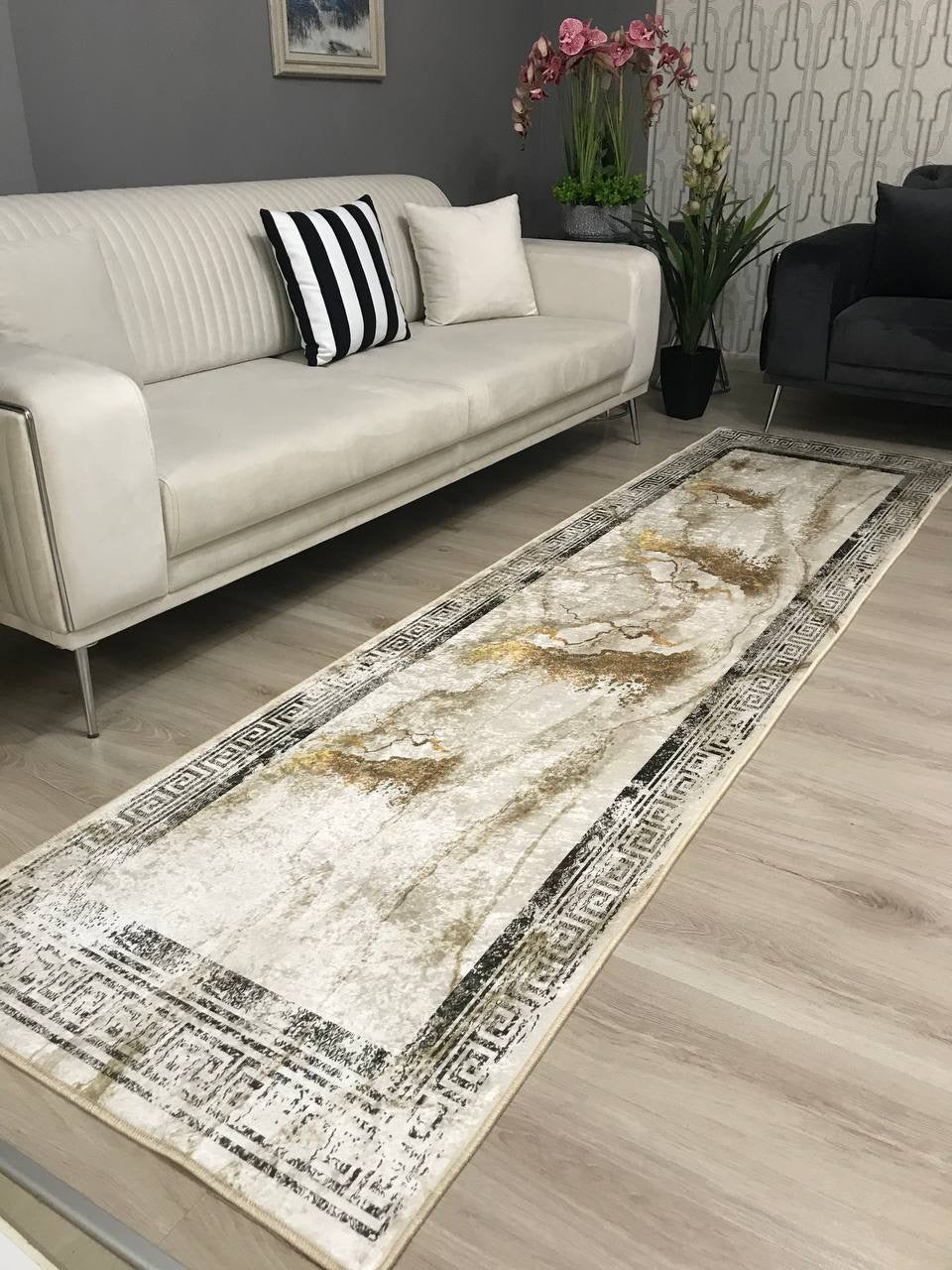 CHAİN MARBLE GOLD - %100 Pamuk Dokuma Taban Makinede Yıkanabilir Kaymaz Halı