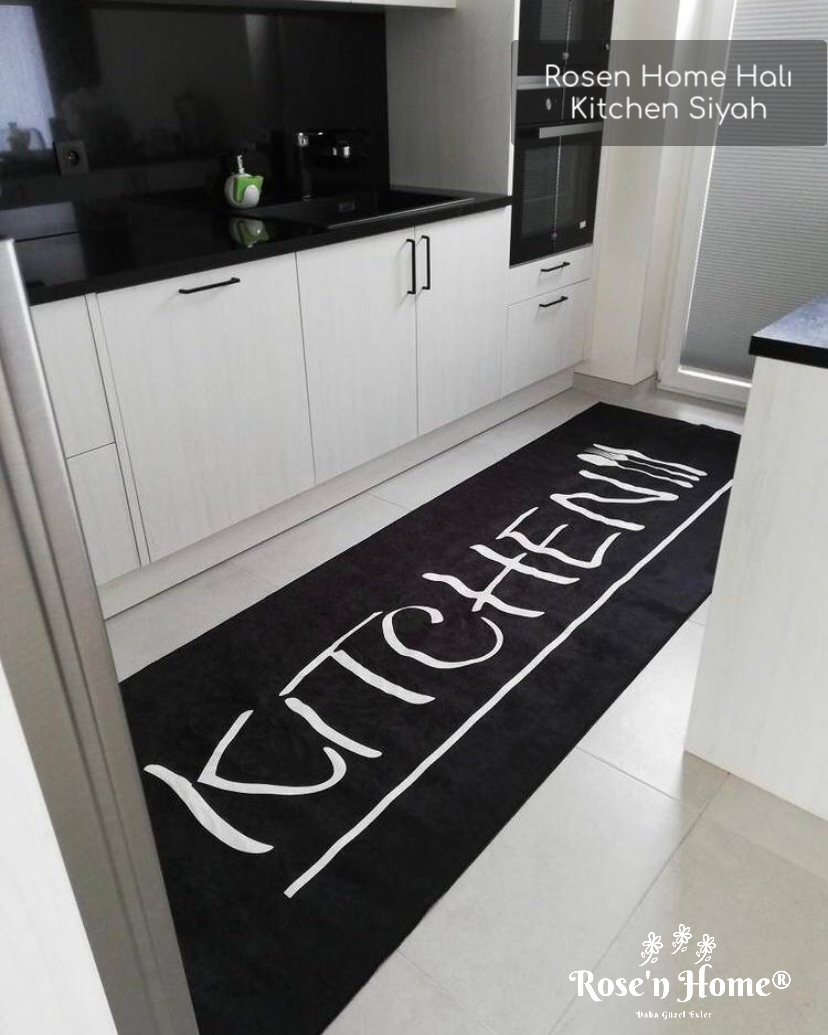 KİTCHEN SİYAH - %100 Pamuk Dokuma Taban Makinede Yıkanabilir Kaymaz Halı