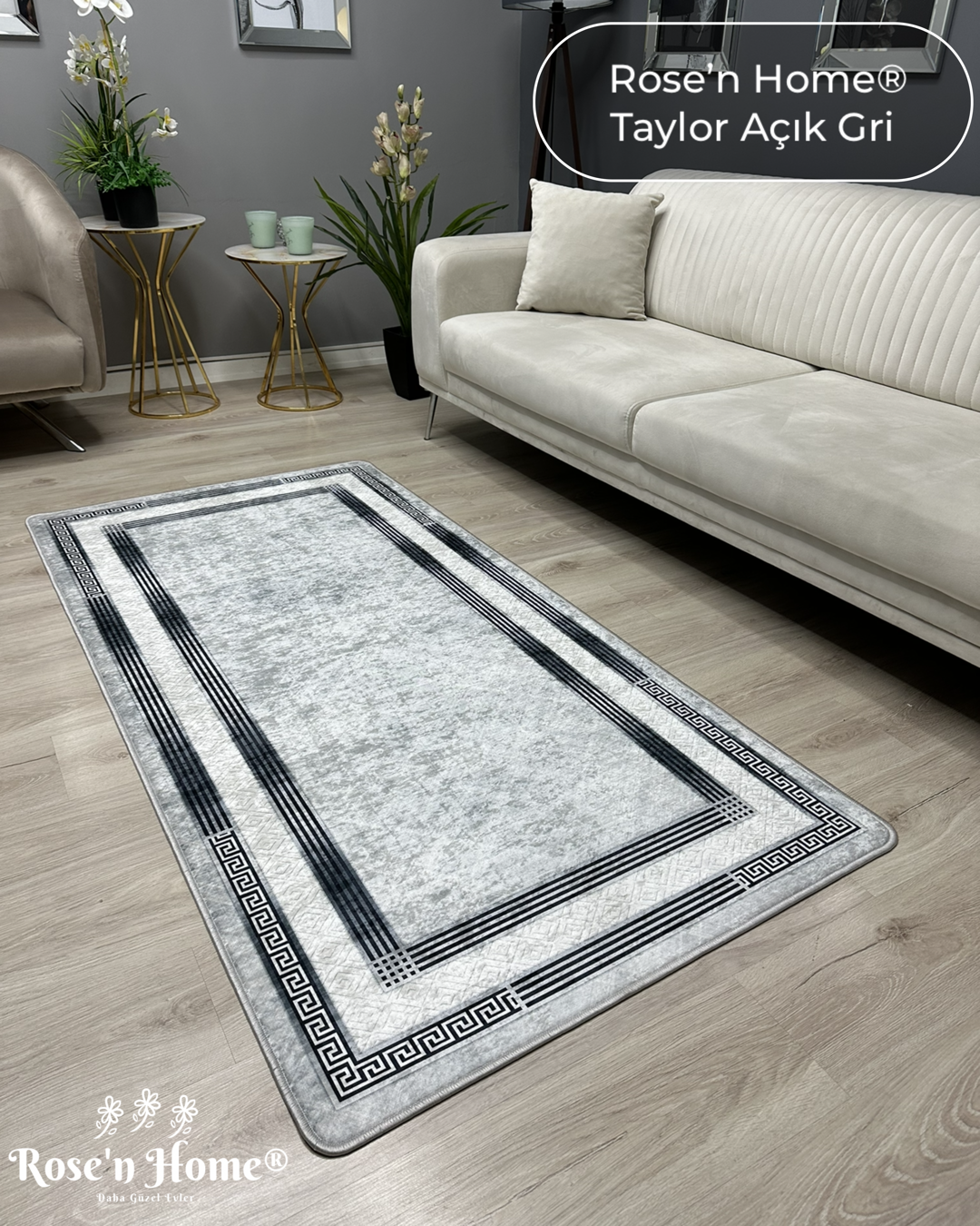 TAYLOR AÇIK GRİ - %100 Pamuk Dokuma Taban Makinede Yıkanabilir Kaymaz Halı