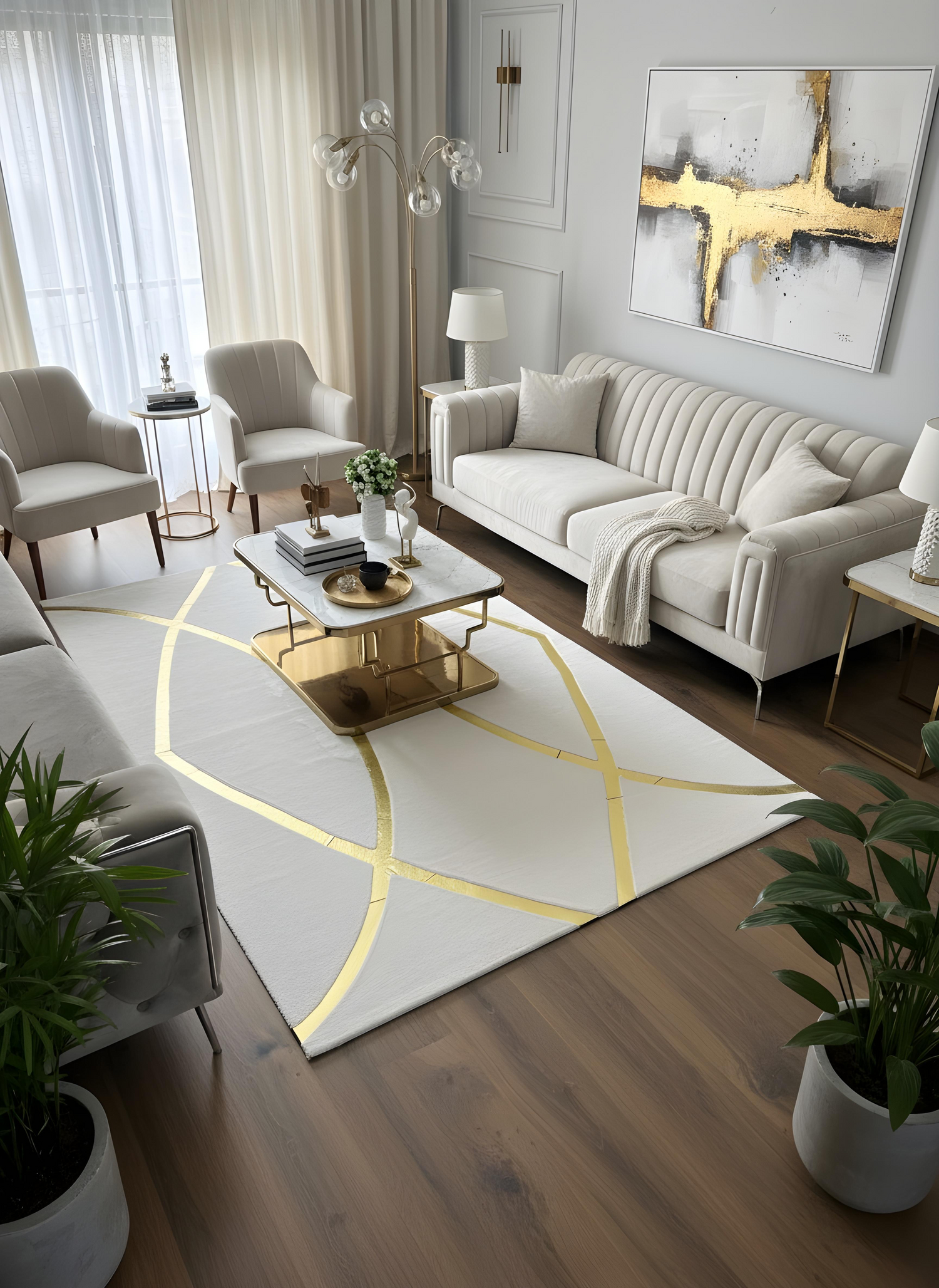 Royal Serisi Diamond - El İşçiliği ile Tavşan Post ve Varaklı Deri Dekoratif Halı