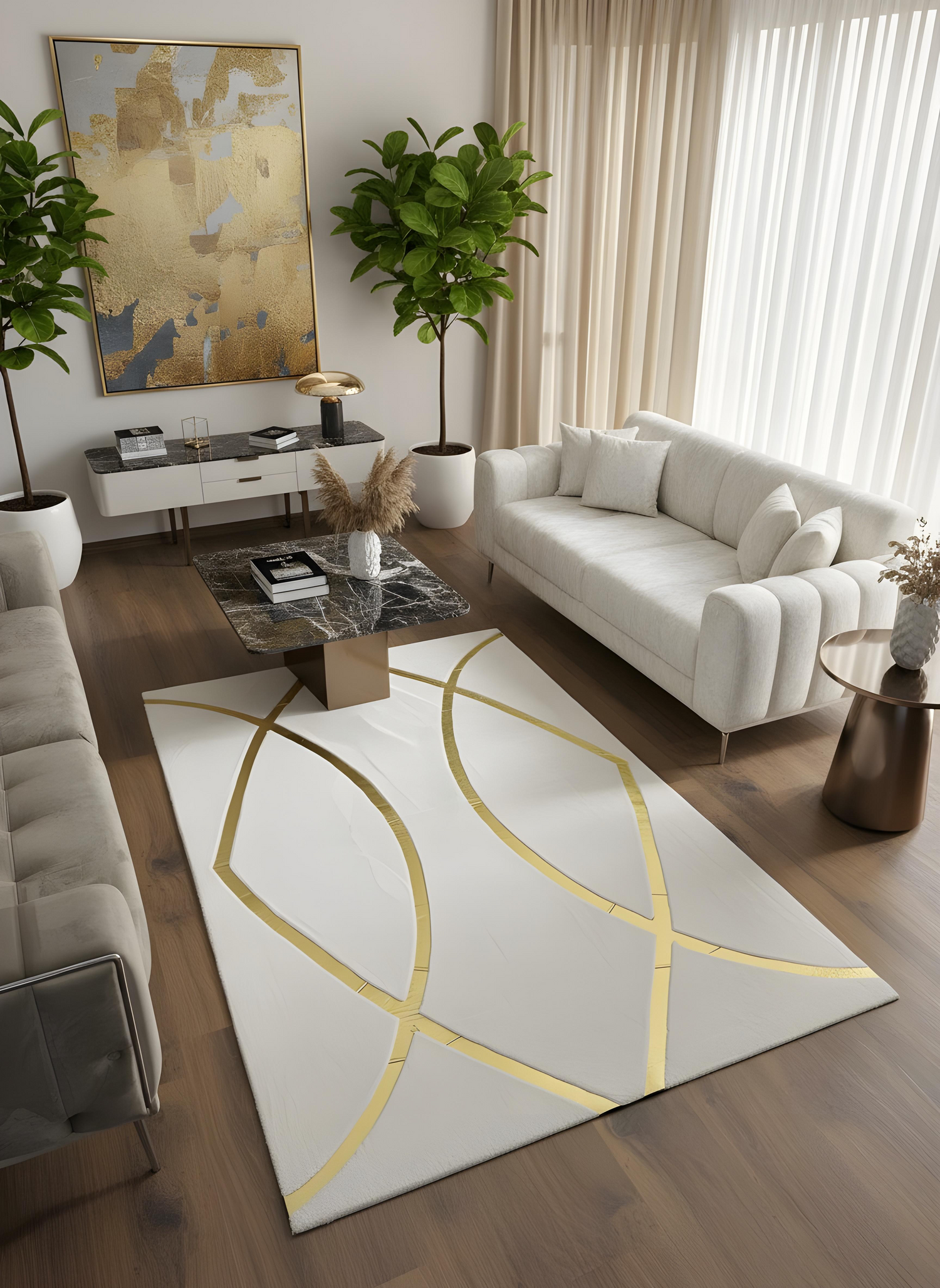 Royal Serisi Diamond - El İşçiliği ile Tavşan Post ve Varaklı Deri Dekoratif Halı