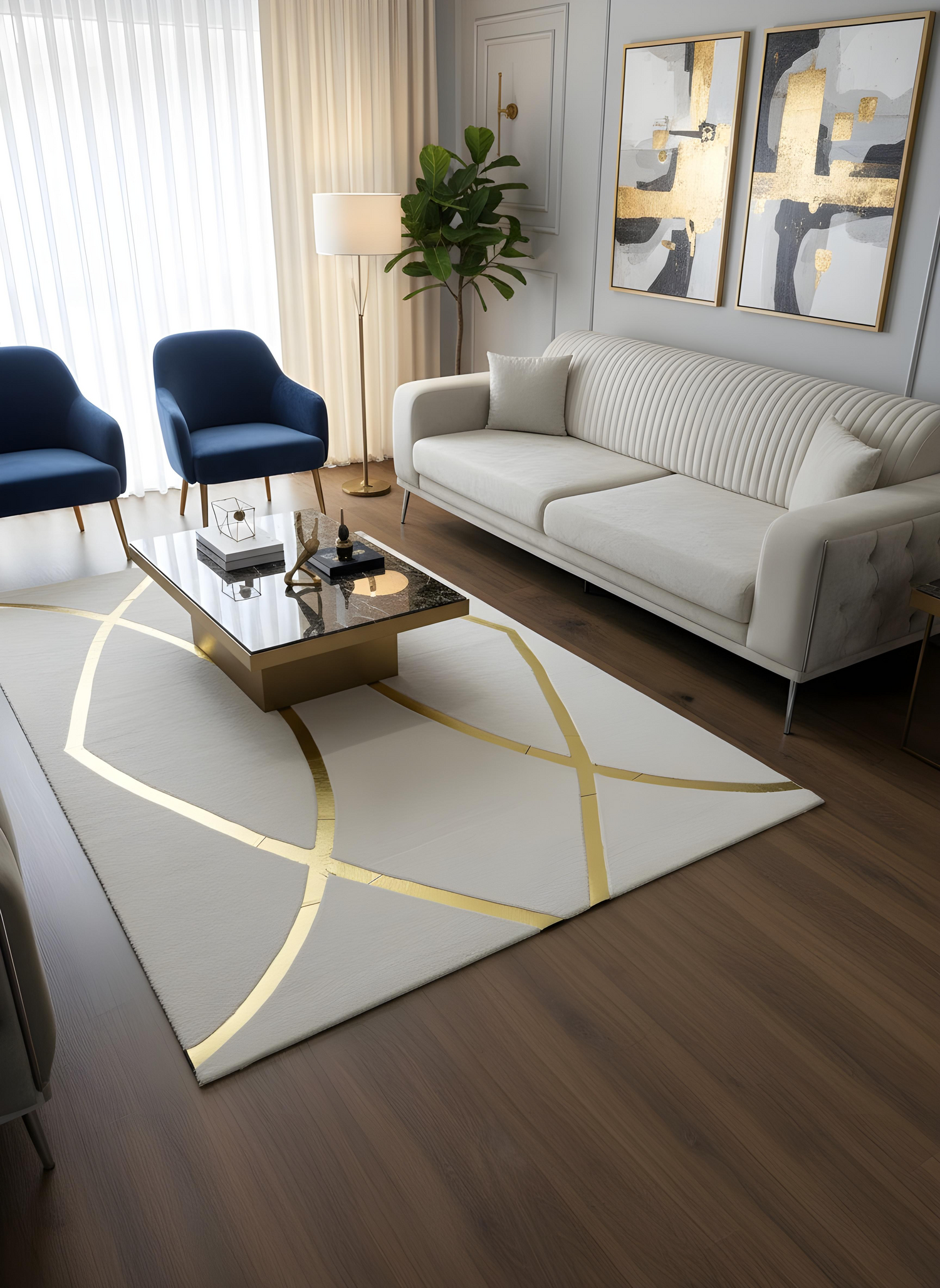 Royal Serisi Diamond - El İşçiliği ile Tavşan Post ve Varaklı Deri Dekoratif Halı