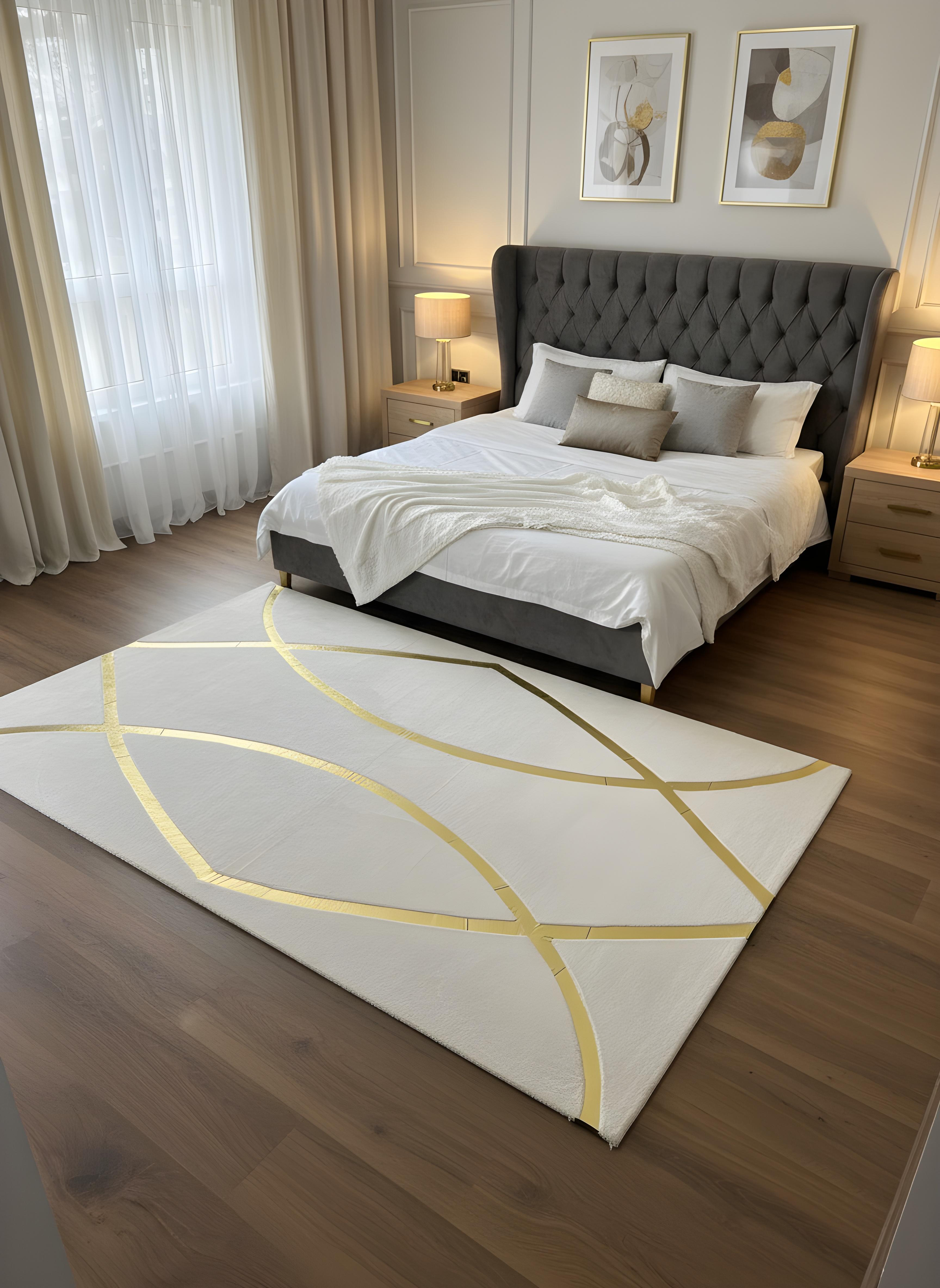 Royal Serisi Diamond - El İşçiliği ile Tavşan Post ve Varaklı Deri Dekoratif Halı