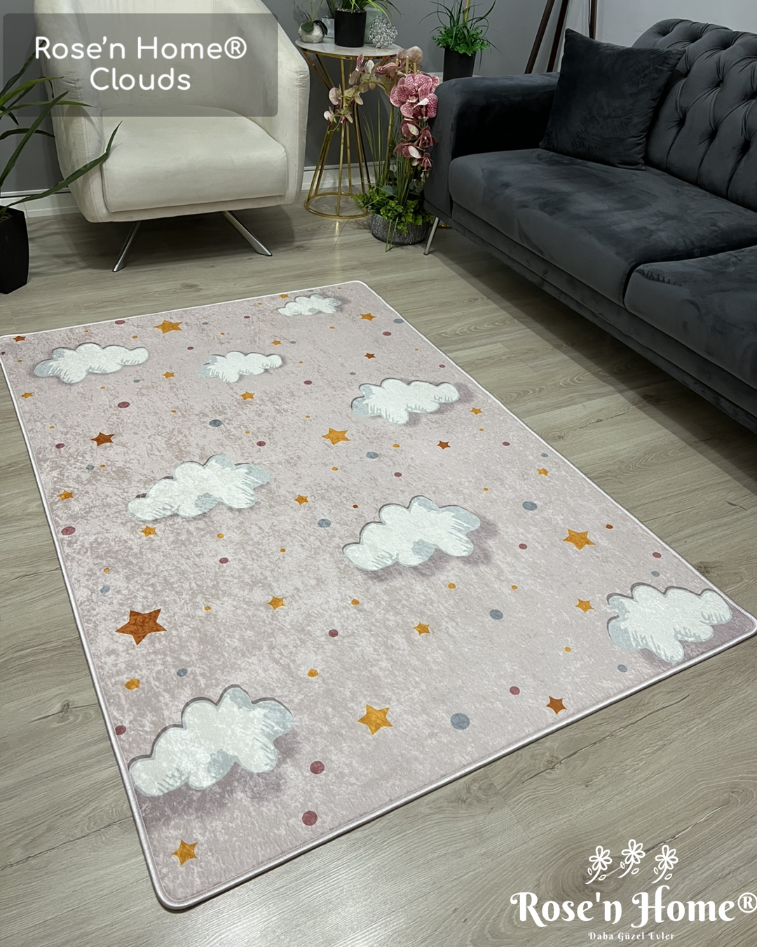 CLOUDS - %100 Pamuk Dokuma Taban Makinede Yıkanabilir Kaymaz Halı
