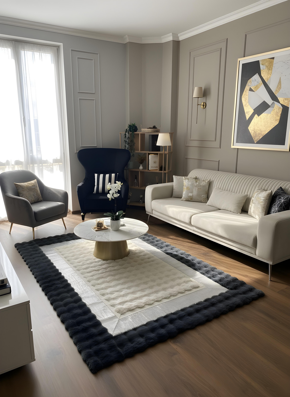 Royal Serisi Elise - El İşçiliği ile Tavşan Post ve Varaklı Deri Dekoratif Halı