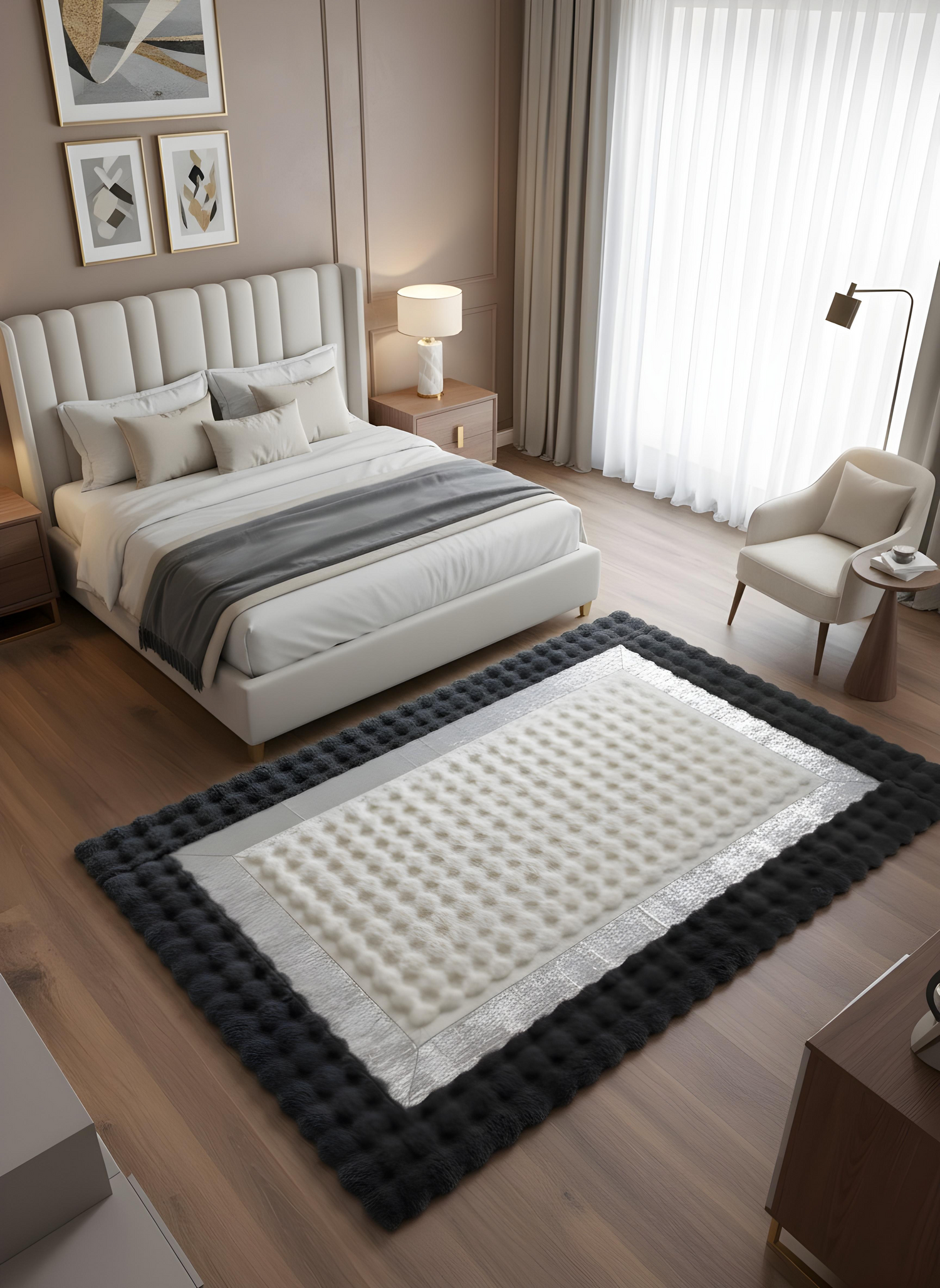 Royal Serisi Elise - El İşçiliği ile Tavşan Post ve Varaklı Deri Dekoratif Halı