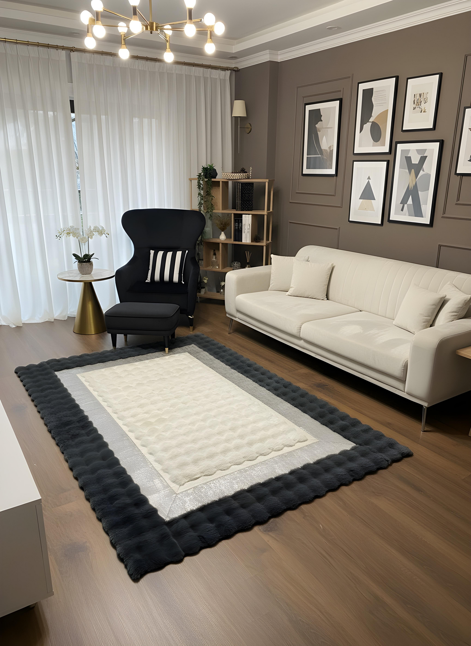 Royal Serisi Elise - El İşçiliği ile Tavşan Post ve Varaklı Deri Dekoratif Halı