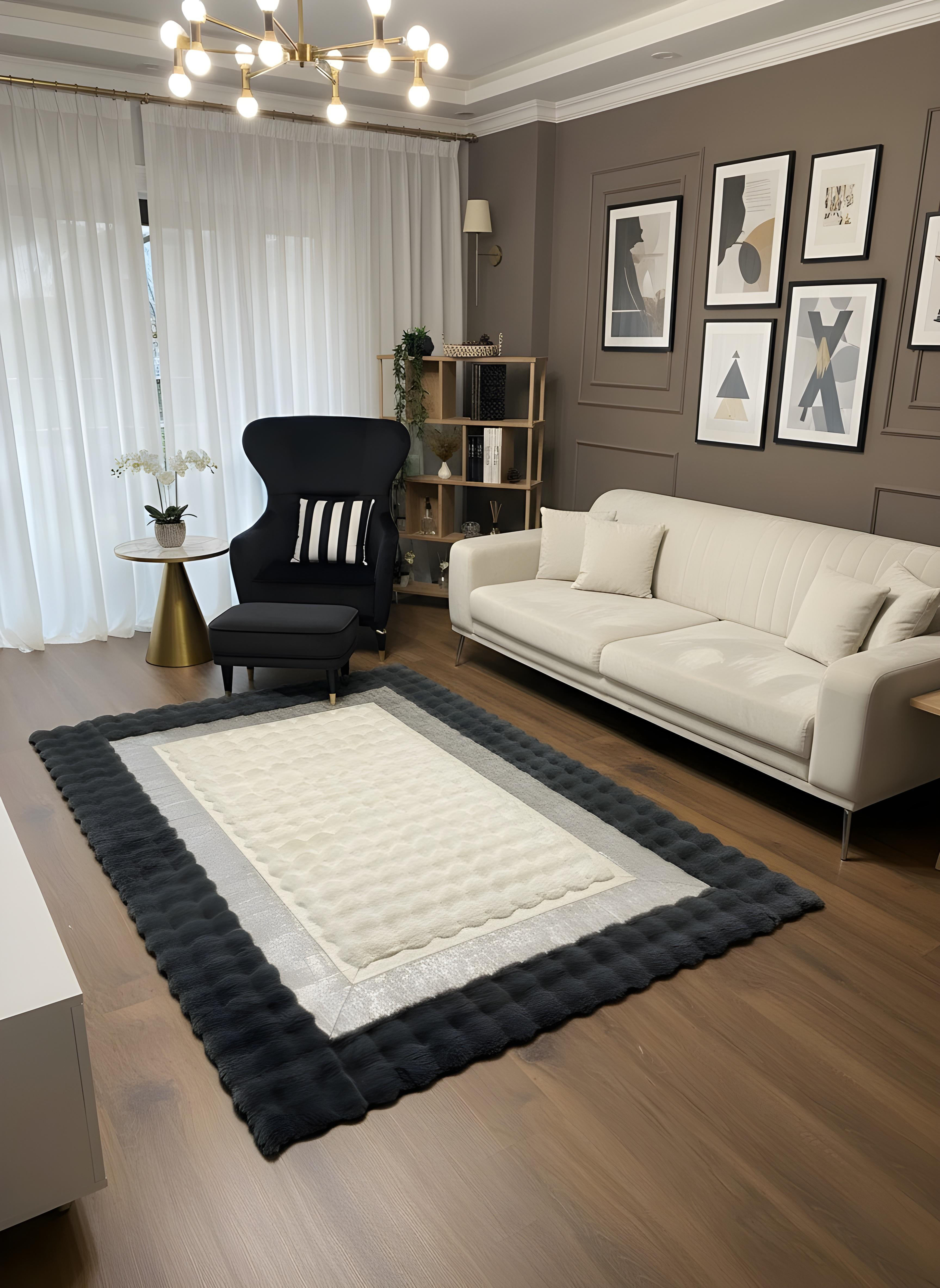 Royal Serisi Elise - El İşçiliği ile Tavşan Post ve Varaklı Deri Dekoratif Halı