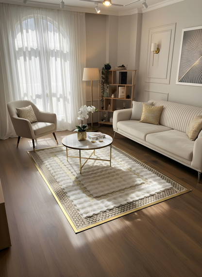 Royal Serisi Elmas - El İşçiliği ile Tavşan Post ve Varaklı Deri Dekoratif Halı