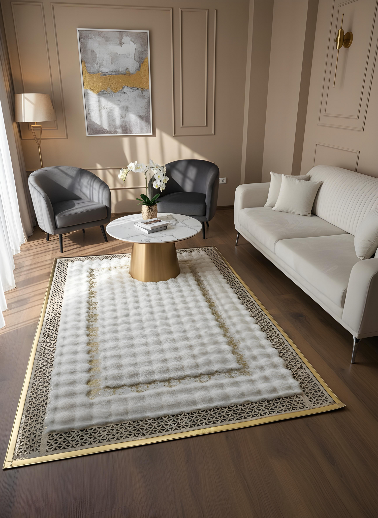 Royal Serisi Elmas - El İşçiliği ile Tavşan Post ve Varaklı Deri Dekoratif Halı