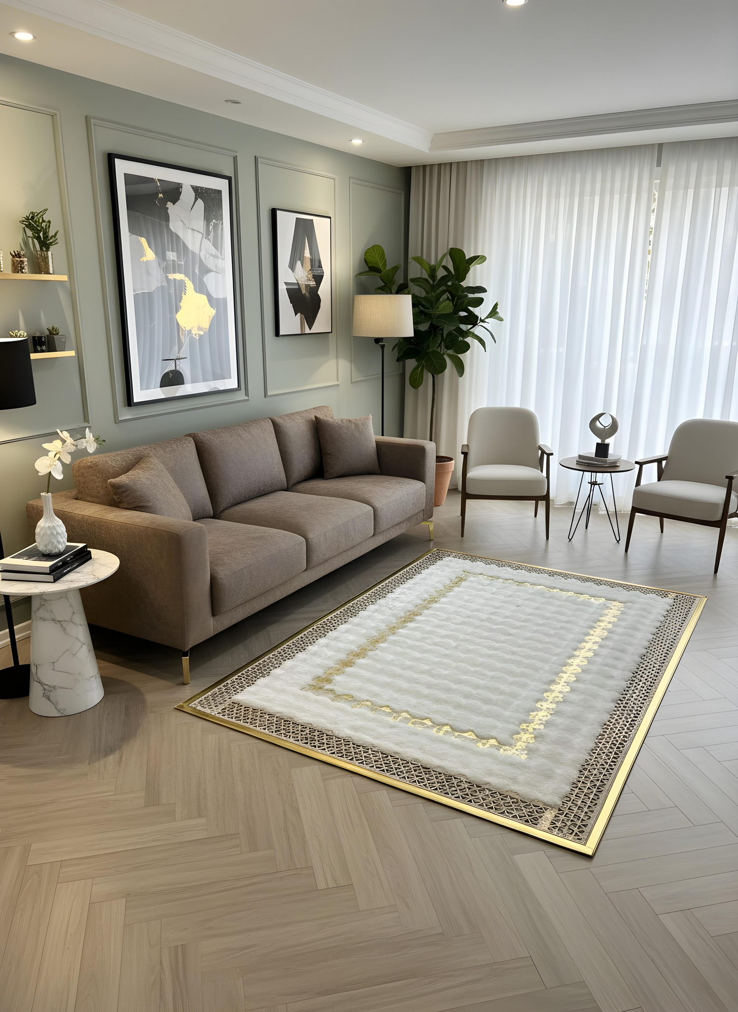 Royal Serisi Elmas - El İşçiliği ile Tavşan Post ve Varaklı Deri Dekoratif Halı