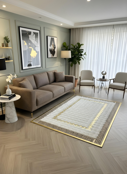 Royal Serisi Elmas - El İşçiliği ile Tavşan Post ve Varaklı Deri Dekoratif Halı