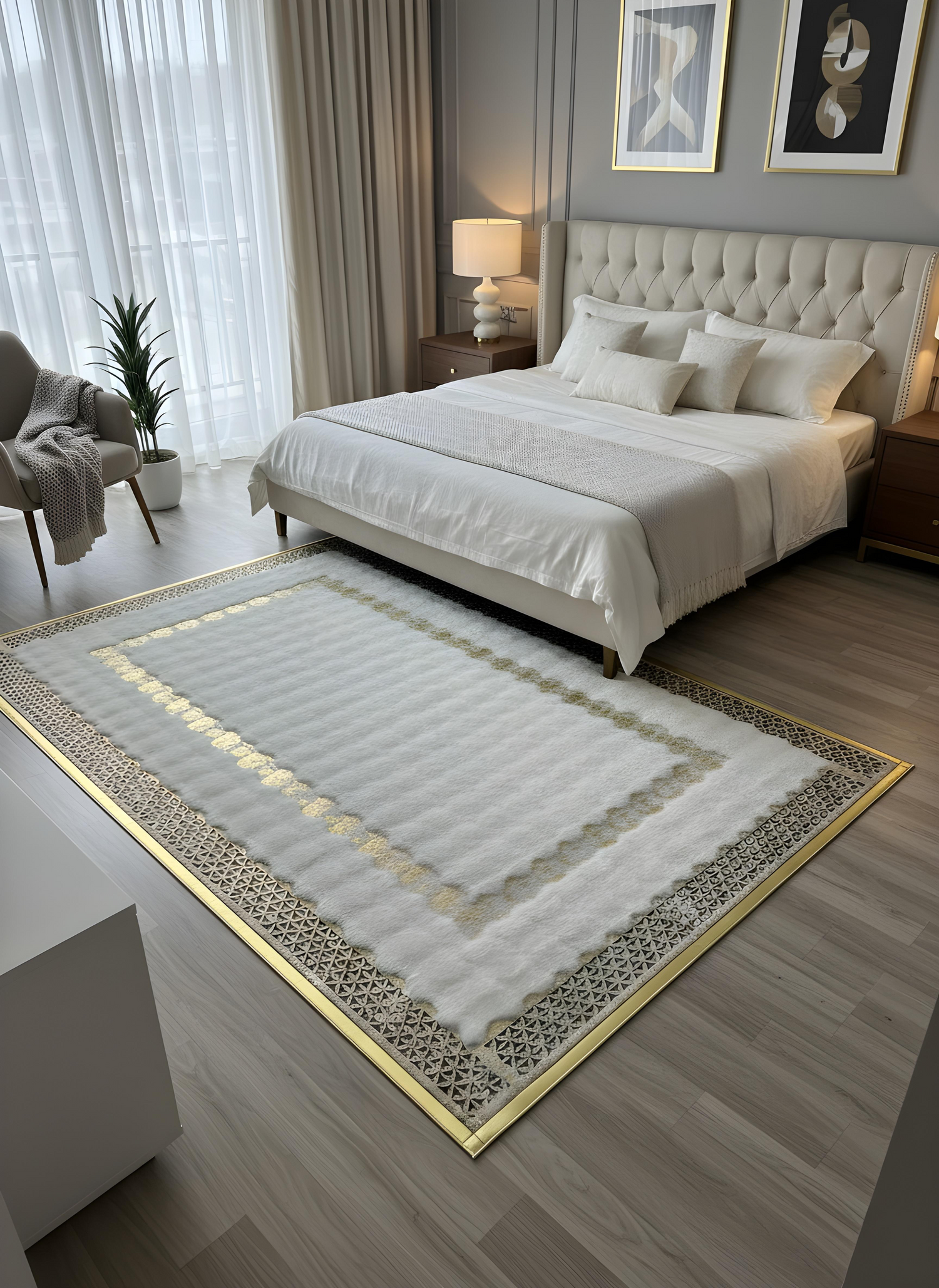 Royal Serisi Elmas - El İşçiliği ile Tavşan Post ve Varaklı Deri Dekoratif Halı