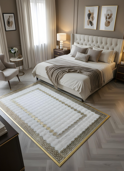 Royal Serisi Elmas - El İşçiliği ile Tavşan Post ve Varaklı Deri Dekoratif Halı