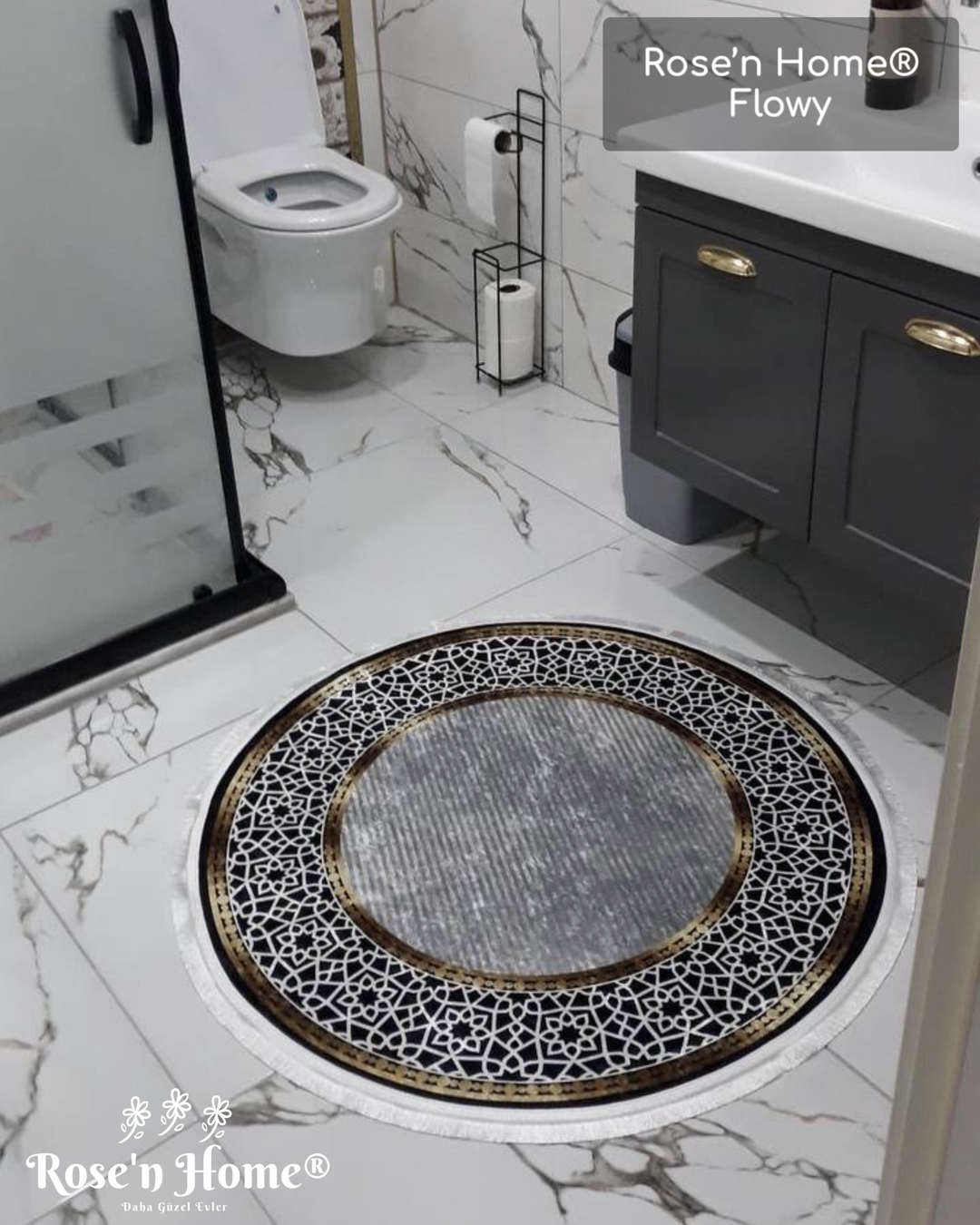 FLOWY GOLD GRİ - %100 Pamuk Dokuma Taban Makinede Yıkanabilir Kaymaz Halı