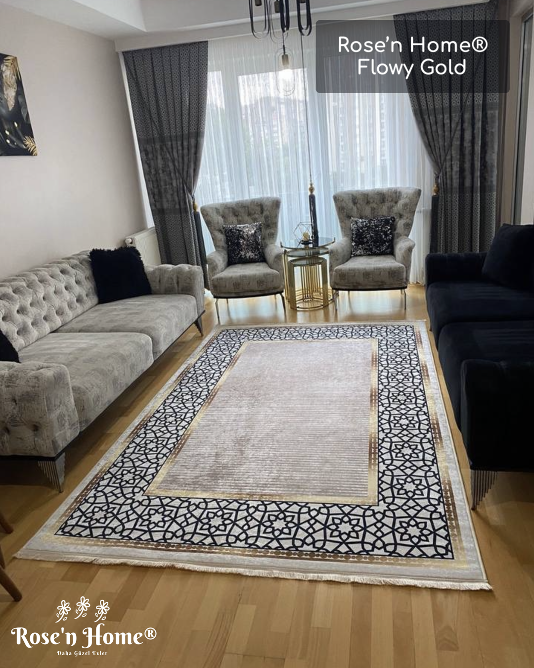 FLOWY GOLD - %100 Pamuk Dokuma Taban Makinede Yıkanabilir Kaymaz Halı