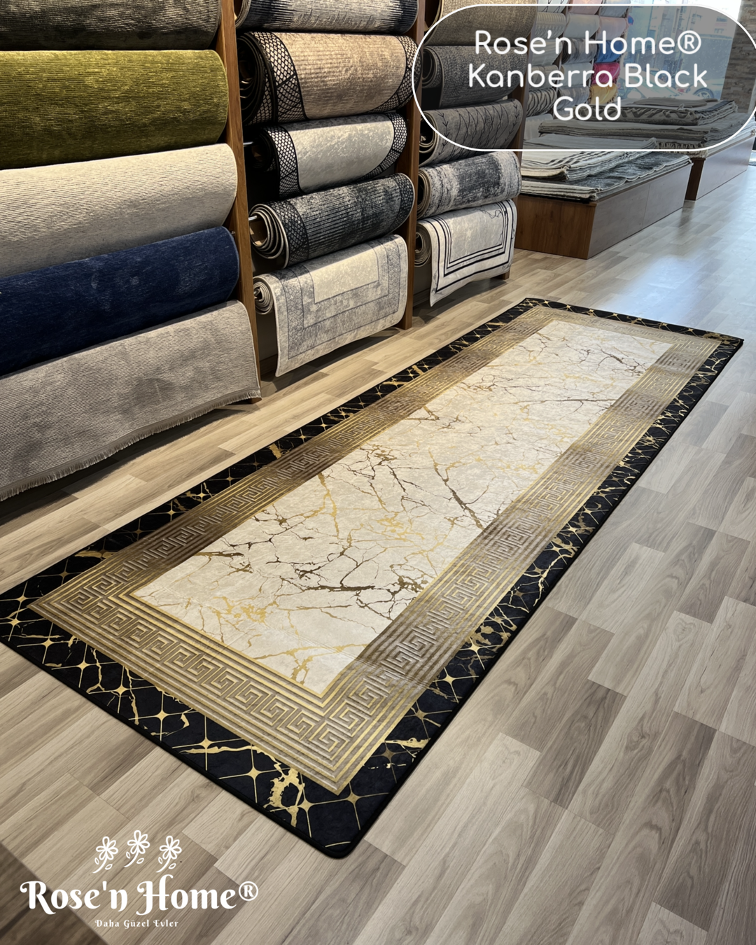 KANBERRA BLACK GOLD - %100 Pamuk Dokuma Taban Makinede Yıkanabilir Kaymaz Halı