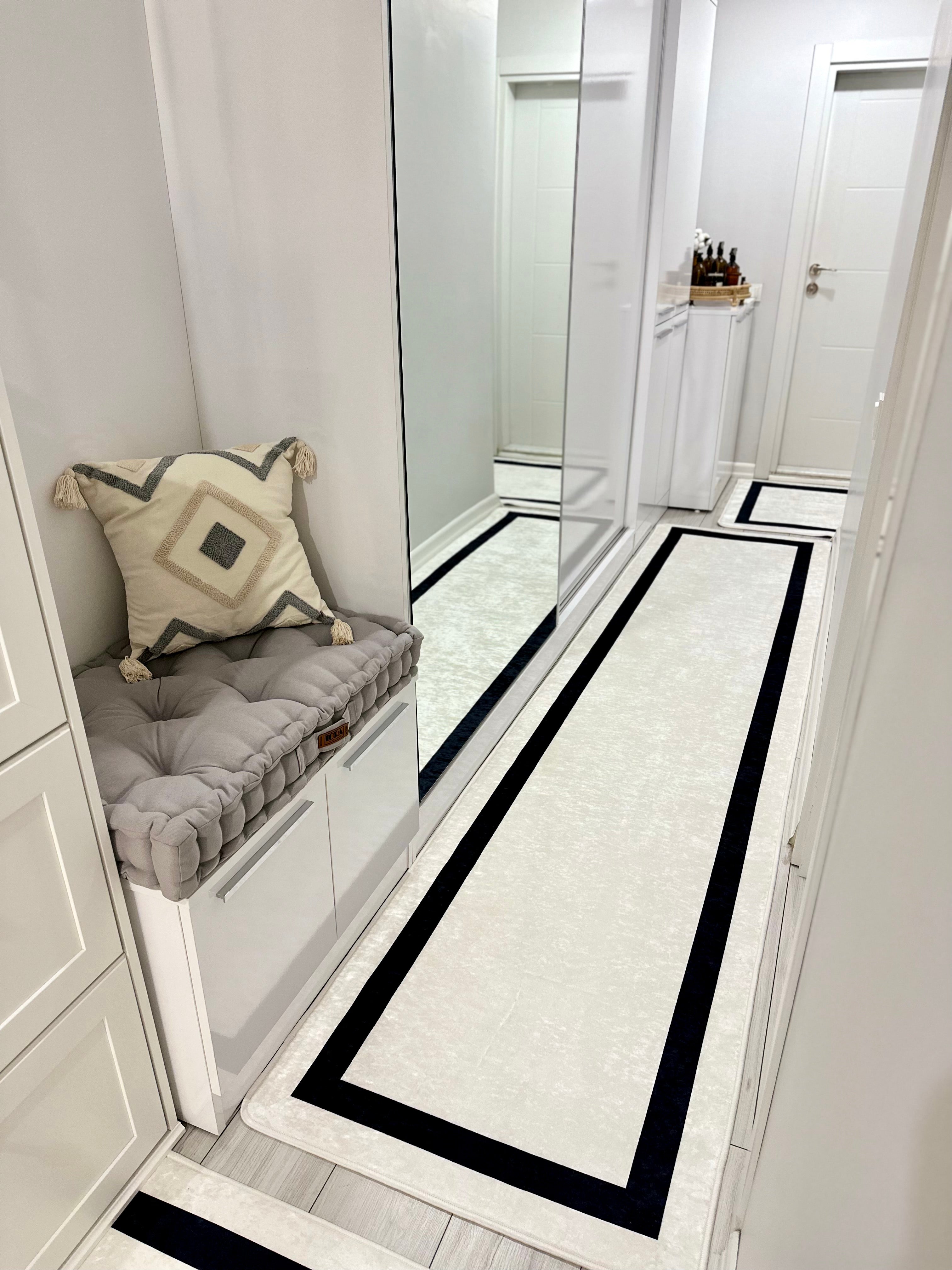 FRAME LİNE BEYAZ - %100 Pamuk Dokuma Taban Makinede Yıkanabilir Kaymaz Halı