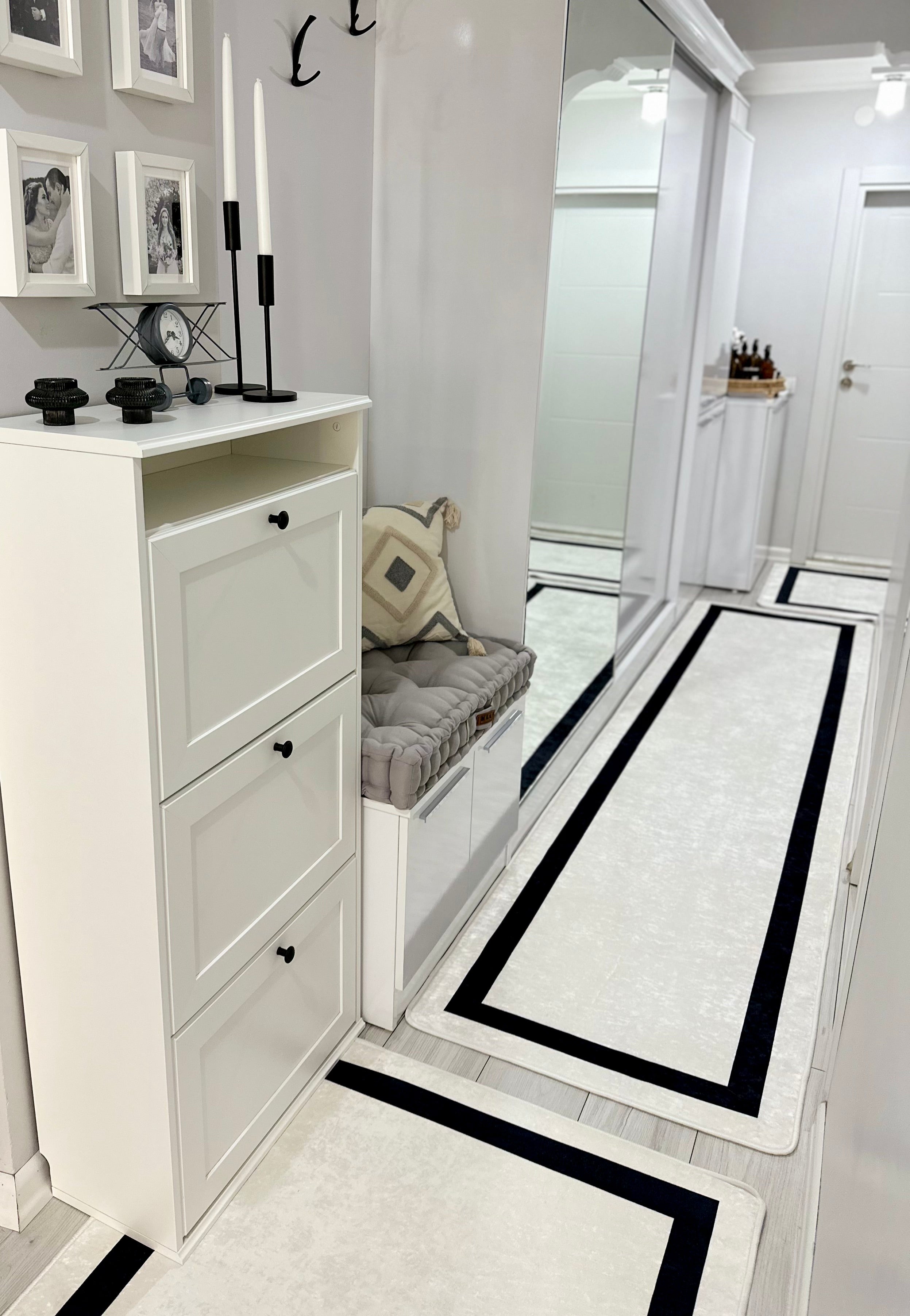 FRAME LİNE BEYAZ - %100 Pamuk Dokuma Taban Makinede Yıkanabilir Kaymaz Halı