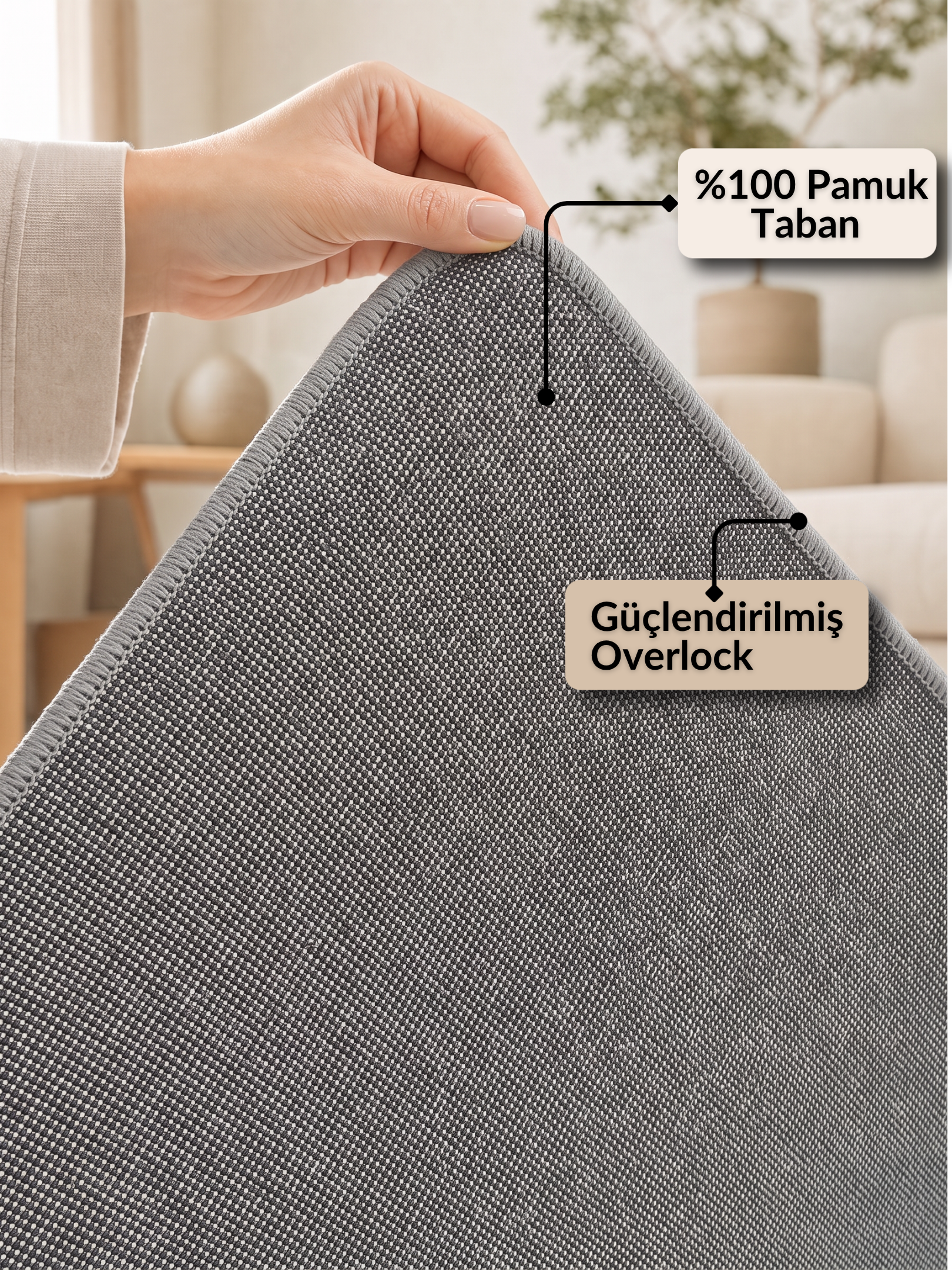 BERRAK GRİ - %100 Pamuk Dokuma Taban Makinede Yıkanabilir Kaymaz Halı