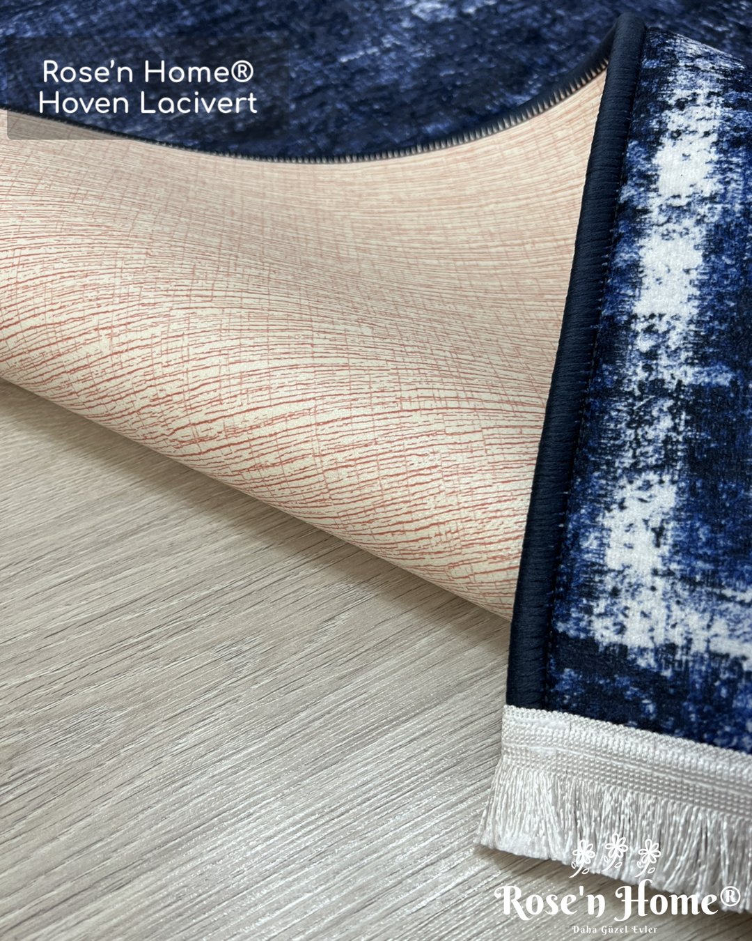 HOVEN LACİVERT - Kaymaz Deri Taban Makinede Yıkanabilir Salon Oturma Odası Mutfak Halısı