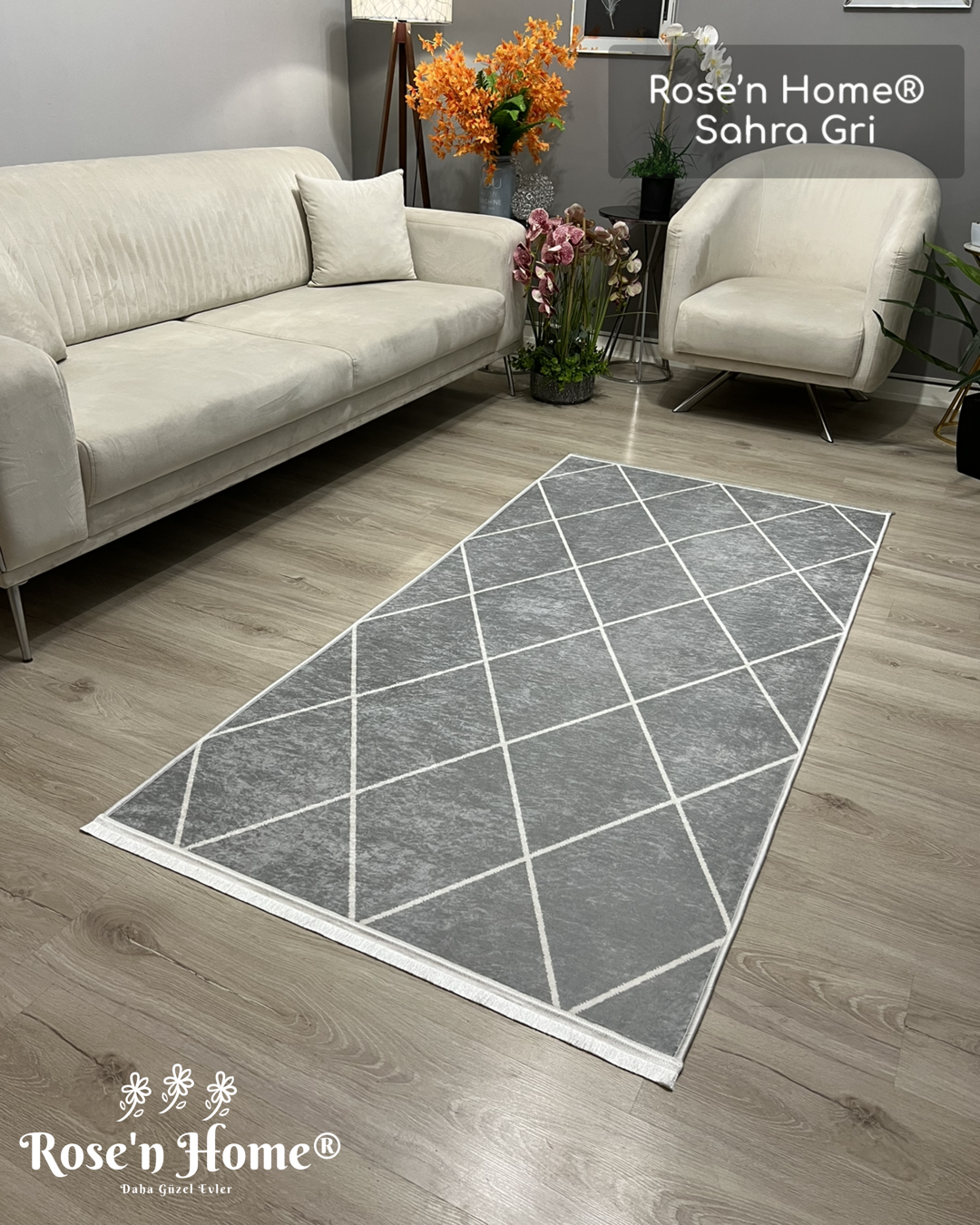 SAHRA GRİ - %100 Pamuk Dokuma Taban Makinede Yıkanabilir Kaymaz Halı