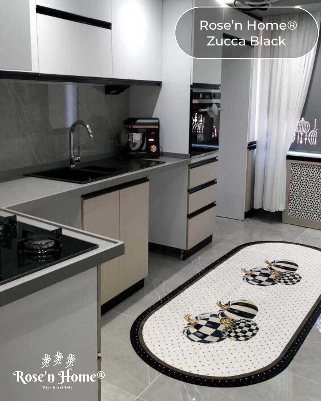ZUCCA BLACK - %100 Pamuk Dokuma Taban Makinede Yıkanabilir Kaymaz Halı
