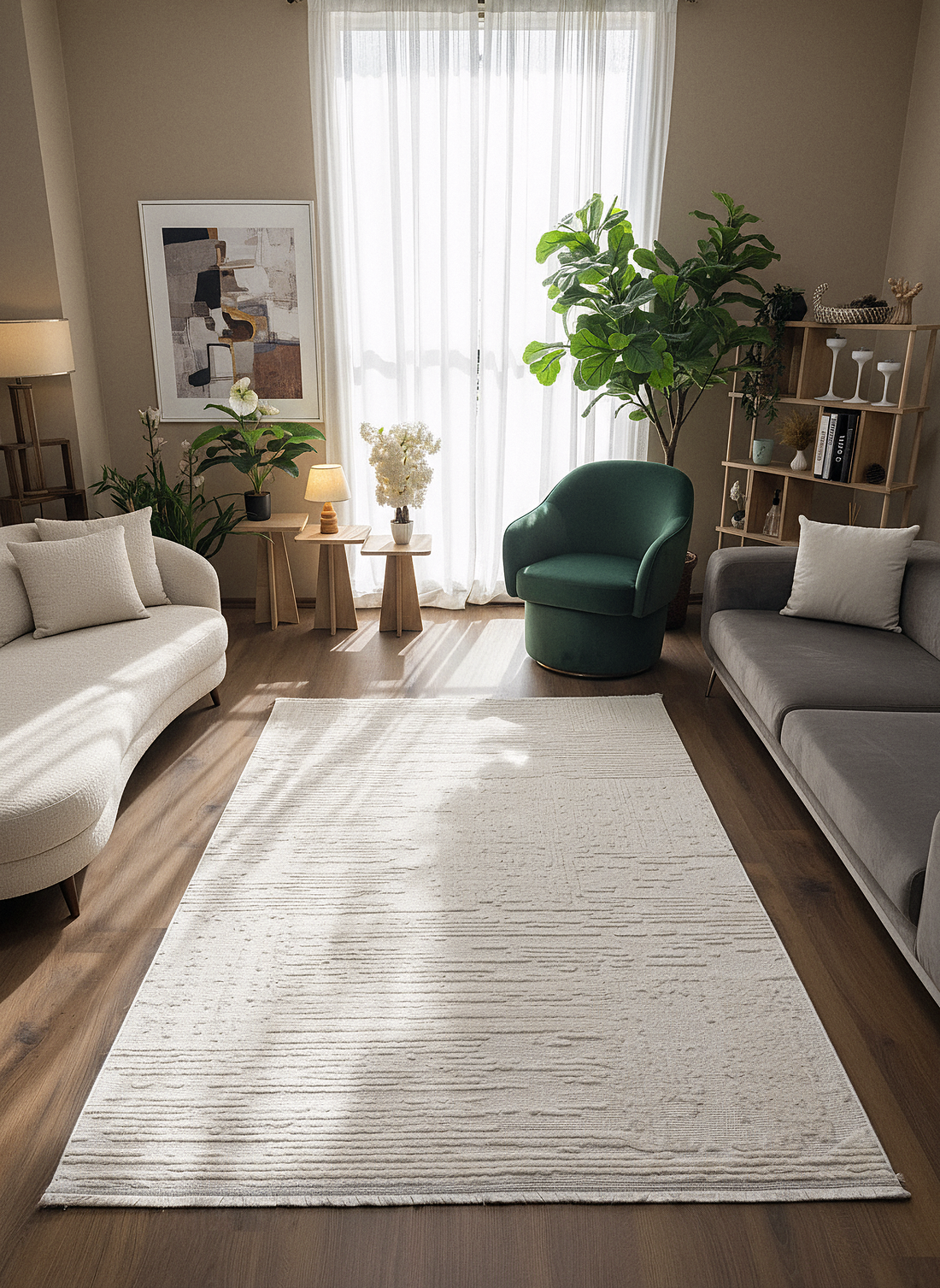 İCON A-5307 KREM Modern Geometrik Desenli Salon Koridor Mutfak Halısı