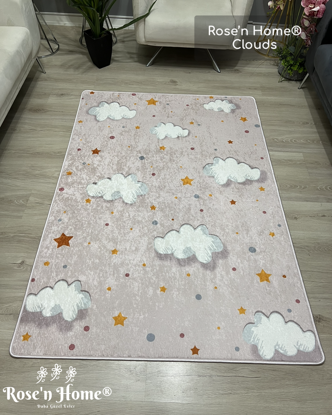CLOUDS - %100 Pamuk Dokuma Taban Makinede Yıkanabilir Kaymaz Halı