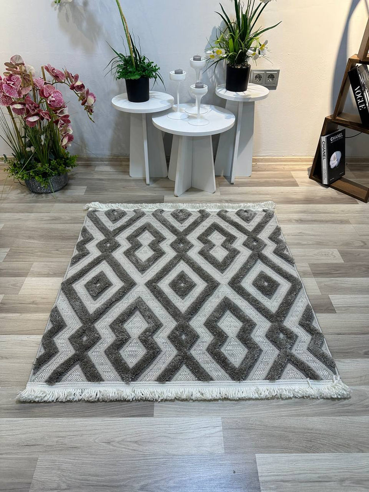 OSLO KP-135 GRİ Yumuşak Bukle (Loop)  Geometrik Desenli Salon Halısı-KP