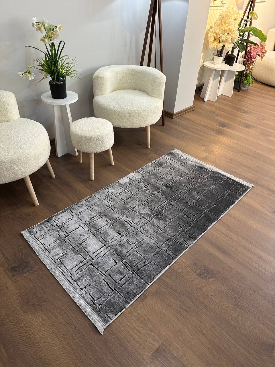 SÜMER KP-167 GRİ  Sentetik Bambu Parlak Saten Salon Koridor Mutfak Halısı-KP
