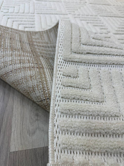 MİLAS KP-132 KREM Kabartmalı Kaymaz Taban Modern Geometrik Desenli Salon Koridor Mutfak Halısı-KP