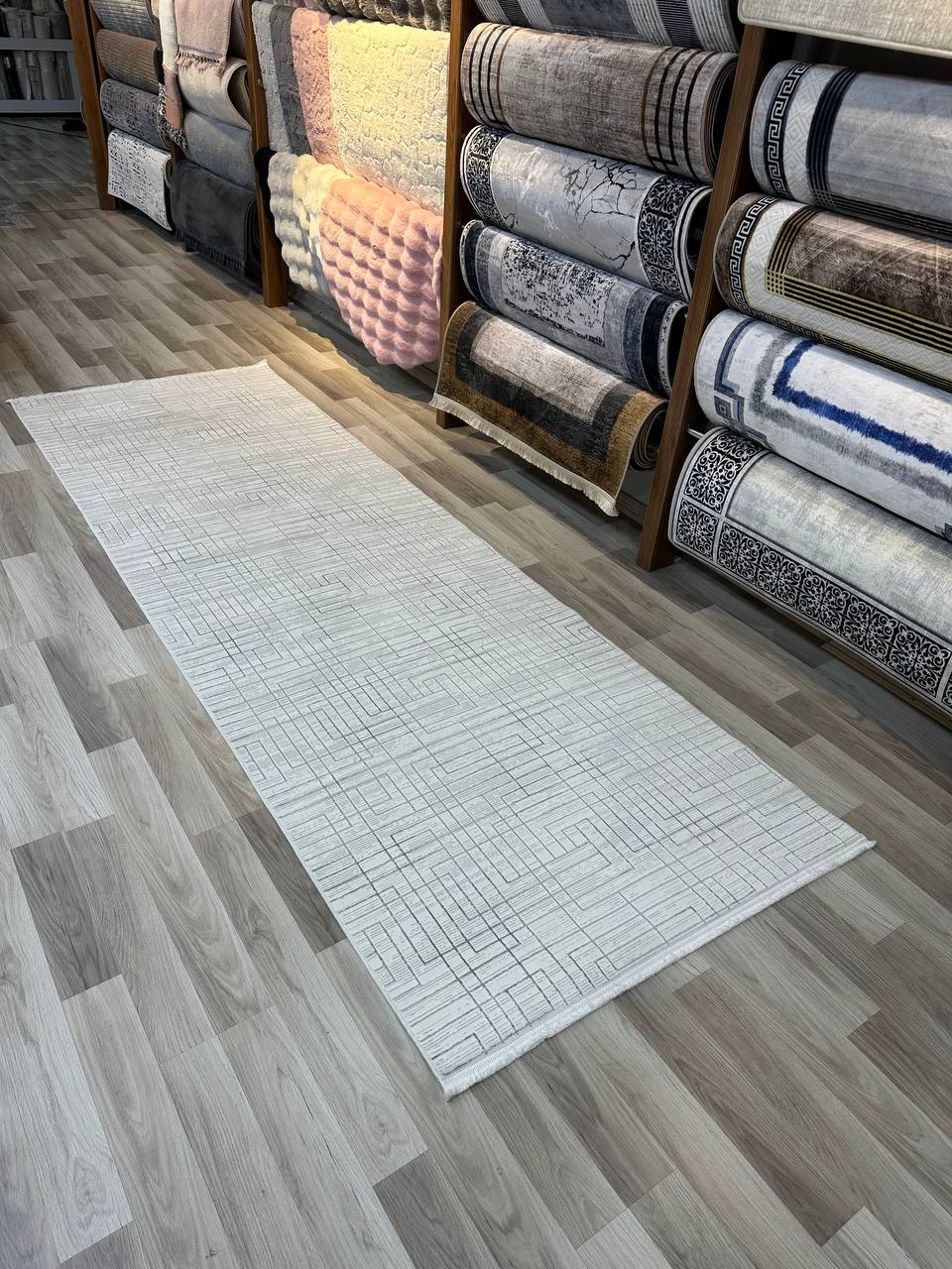 SÜMER KP-161 GRİ KREM Sentetik Bambu Parlak Saten Salon Koridor Mutfak Halısı-KP