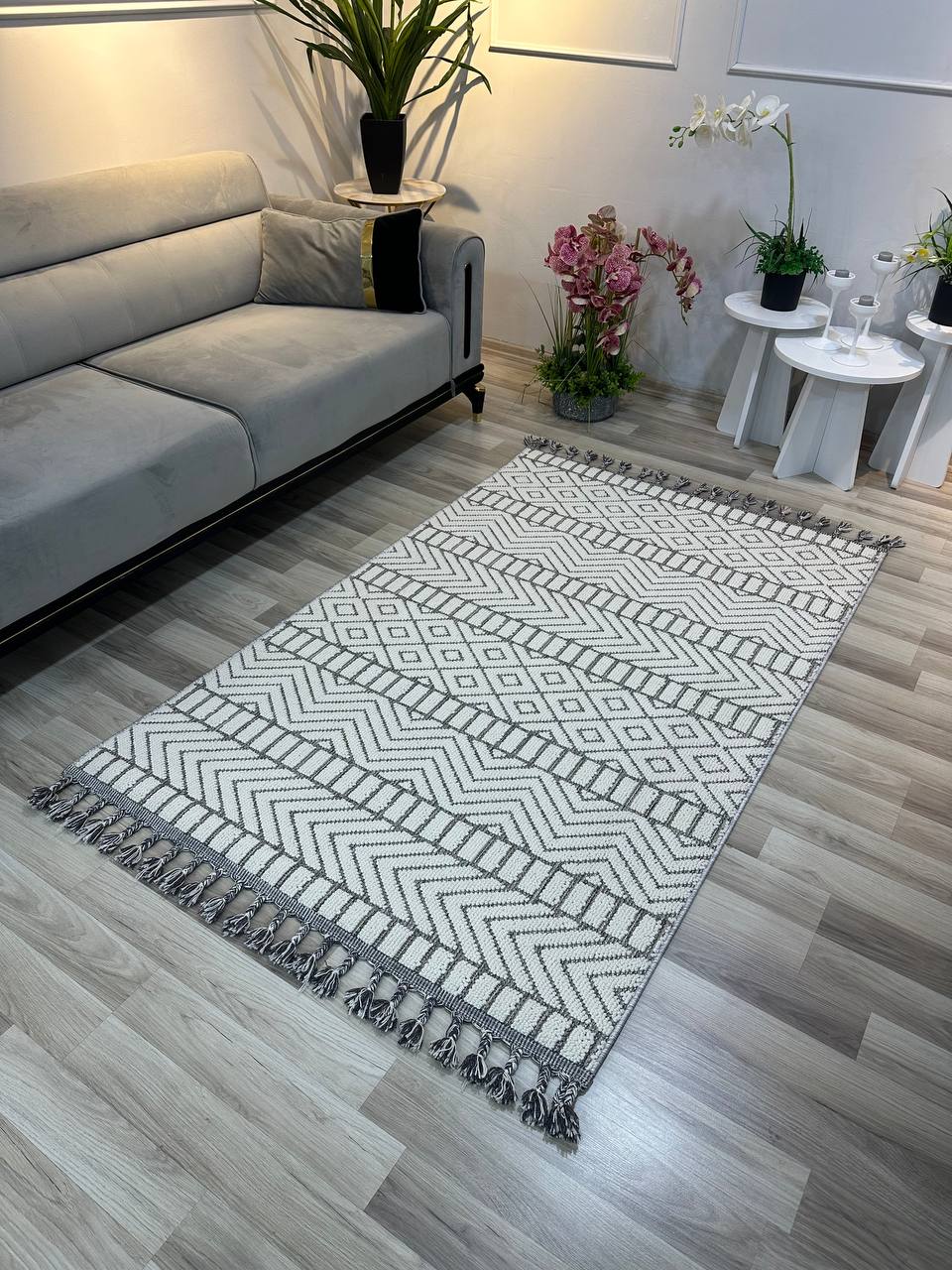 OSLO KP-136 GRİ Yumuşak Bukle (Loop)  Geometrik Desenli Salon Halısı-KP