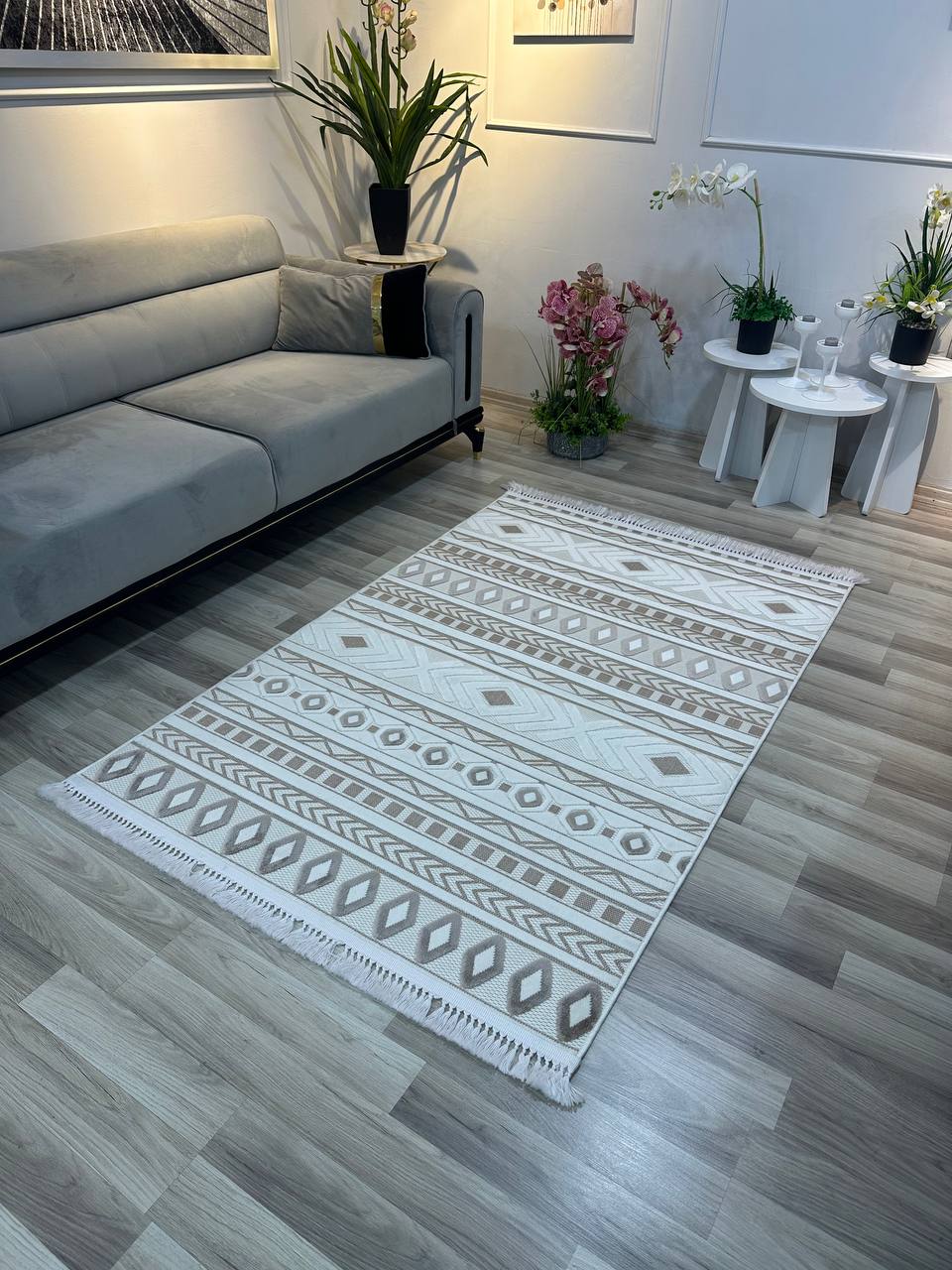 ARYA 5031-G-VİZON BEYAZ Pamuk Dokuma Taban Geometrik Desenli Salon Koridor Mutfak Halısı-KP