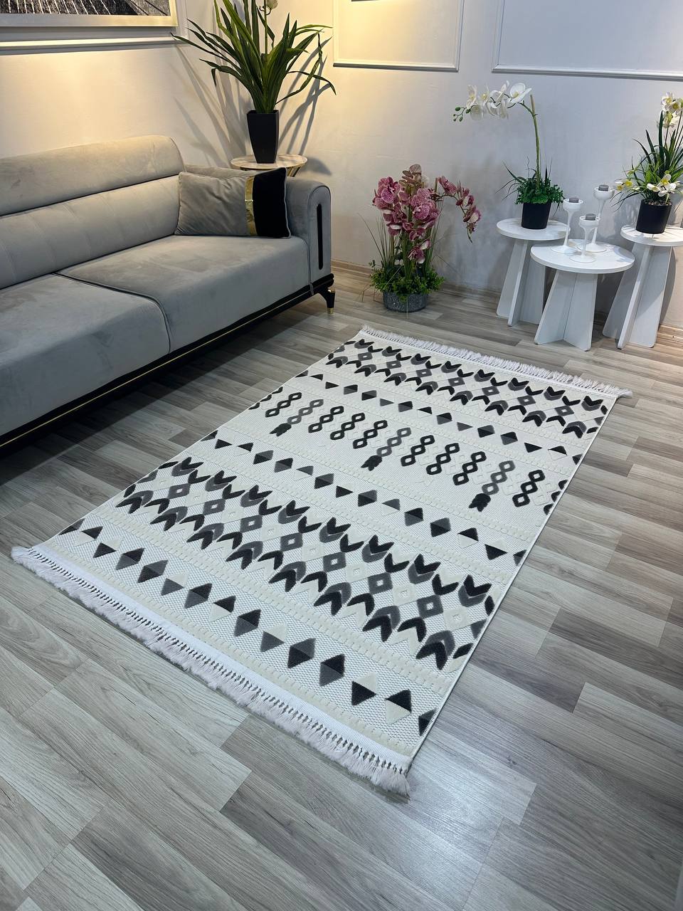 ARYA 5023-G-GRİ BEYAZ Pamuk Dokuma Taban Geometrik Desenli Salon Koridor Mutfak Halısı-KP