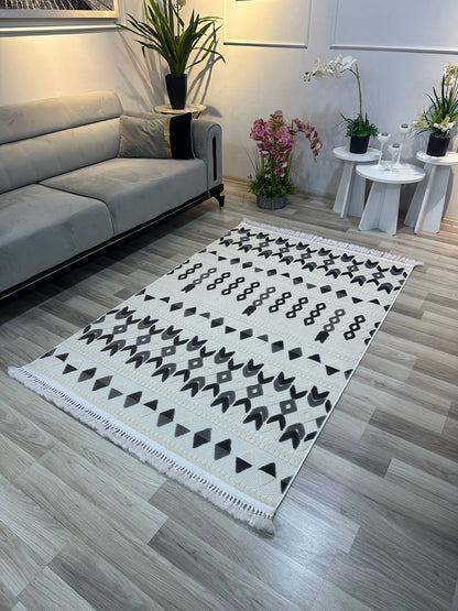 ARYA 5023-G-GRİ BEYAZ Pamuk Dokuma Taban Geometrik Desenli Salon Koridor Mutfak Halısı-KP