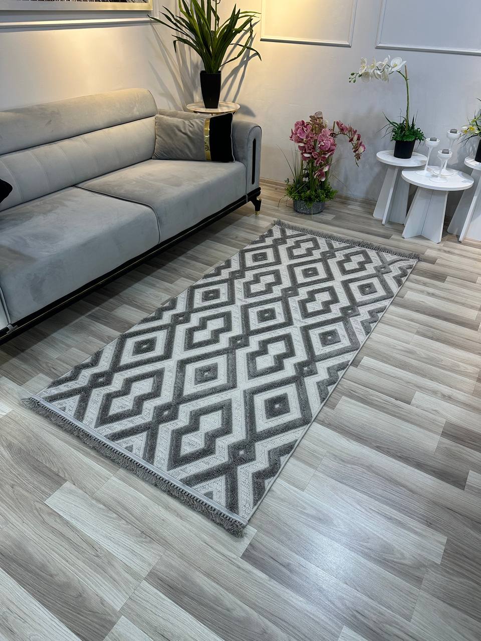 OSLO KP-135 GRİ Yumuşak Bukle (Loop)  Geometrik Desenli Salon Halısı-KP