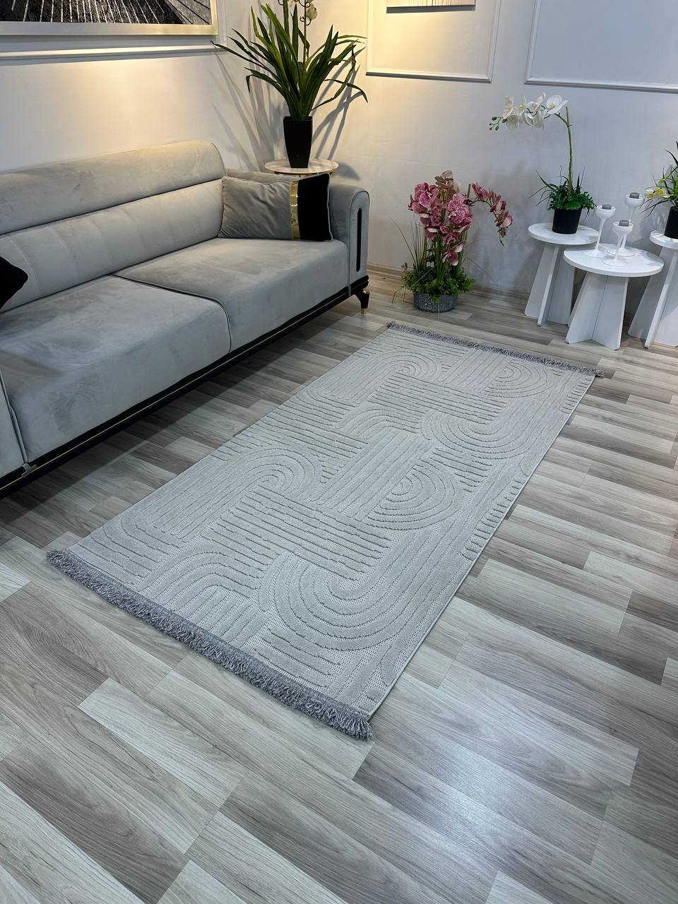 MİLAS C42 GRİ Kabartmalı Modern Geometrik Desenli Salon Koridor Mutfak Halısı-KP