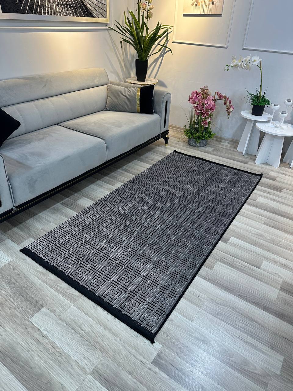 SÜMER KP-177 GRİ  Sentetik Bambu Parlak Saten Salon Koridor Mutfak Halısı-KP