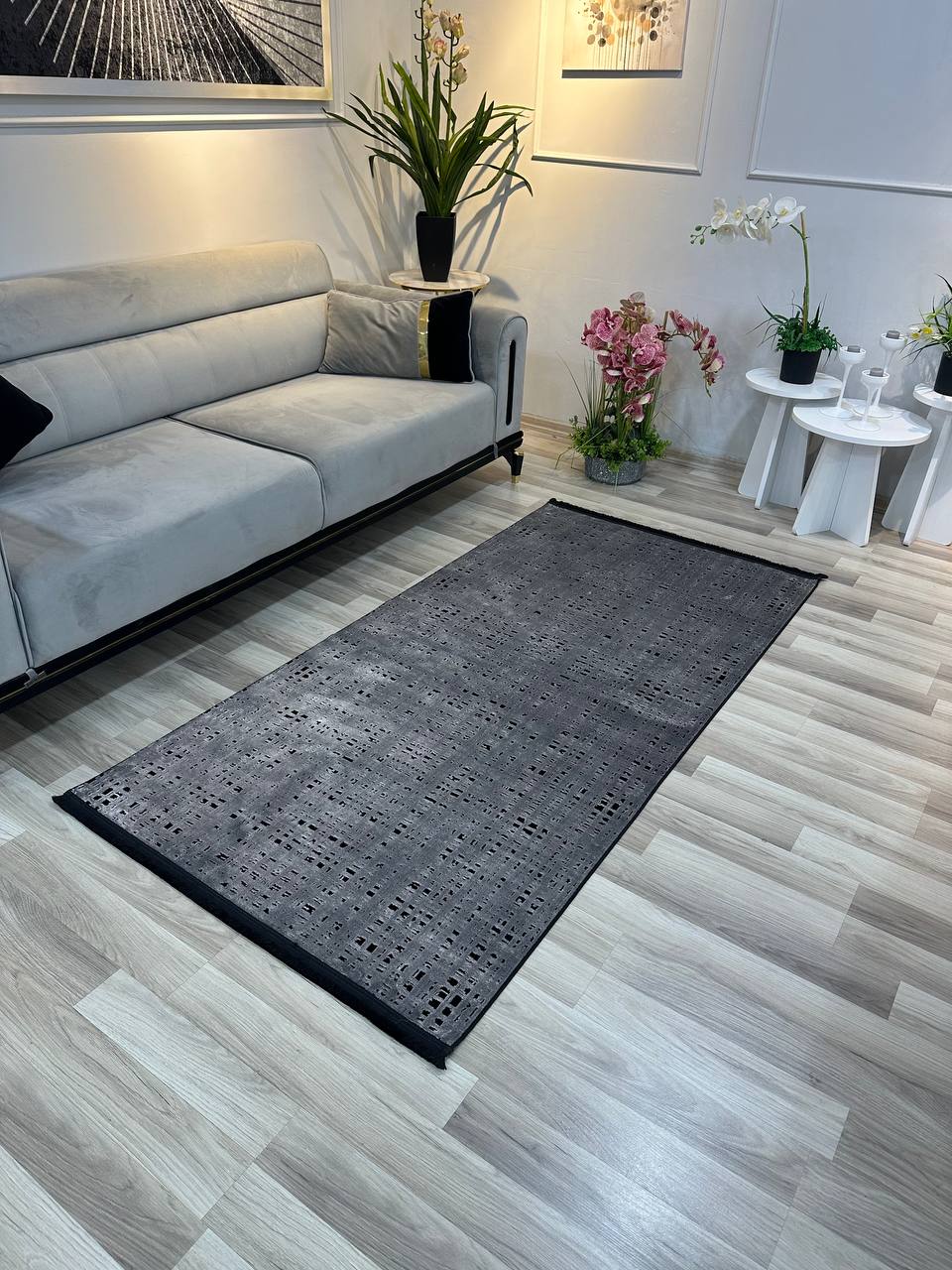 SÜMER KP-178 GRİ  Sentetik Bambu Parlak Saten Salon Koridor Mutfak Halısı-KP