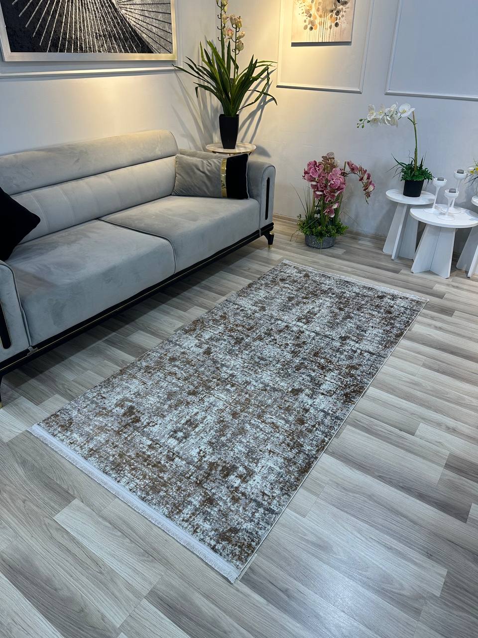 SÜMER KP-183 KAHVE GRİ  Sentetik Bambu Parlak Saten Salon Koridor Mutfak Halısı-KP