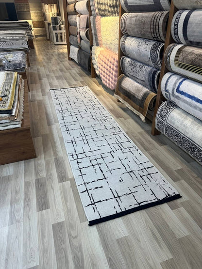 ŞÖNİL HÜNKAR BEYAZ İskandinav Desenli Dokuma Şönil Salon Koridor Mutfak Halısı-KP